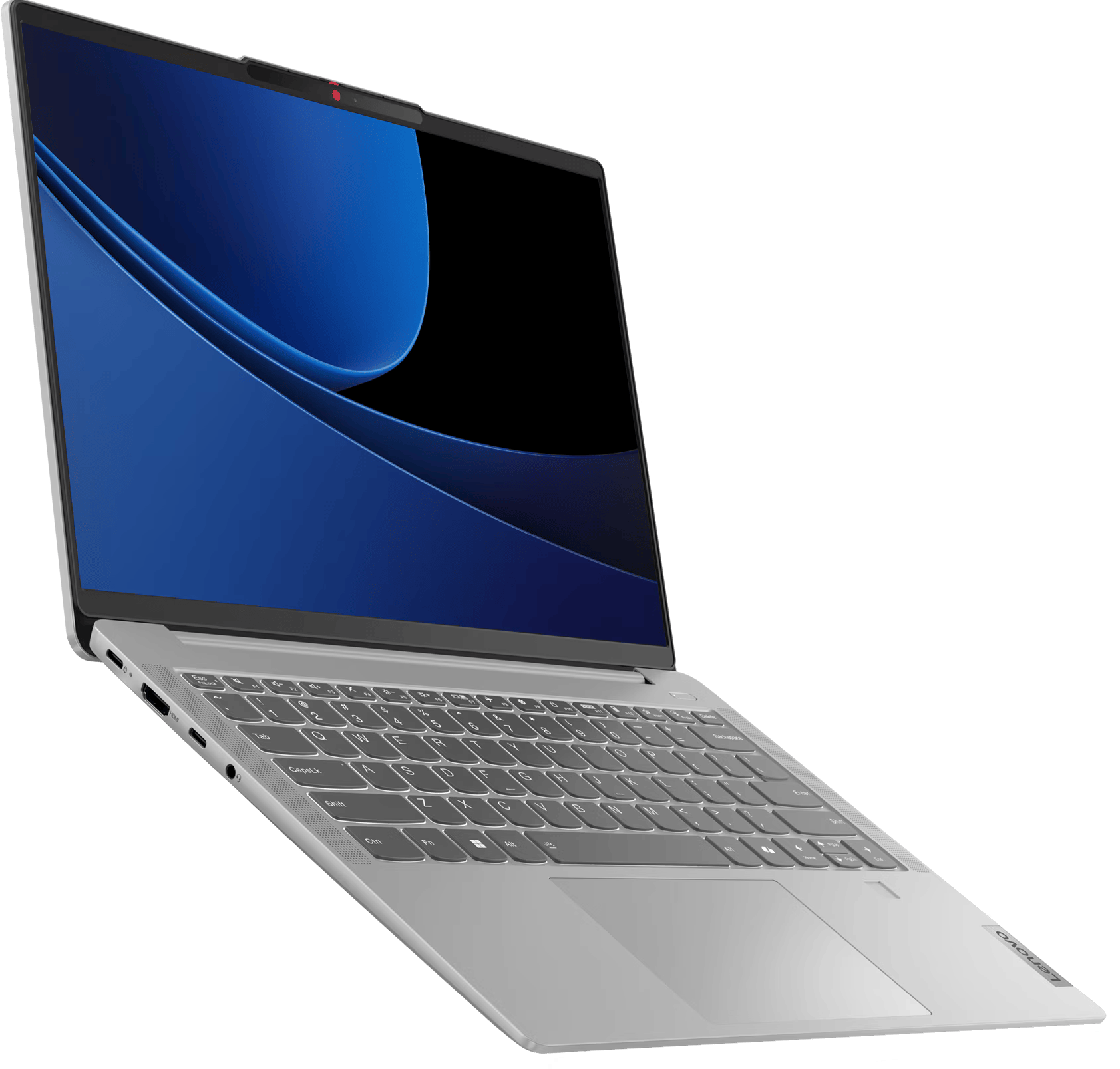 Ezüst laptop kék képernyővel és fekete billentyűzettel. A Lenovo logója a bal felső sarokban található.