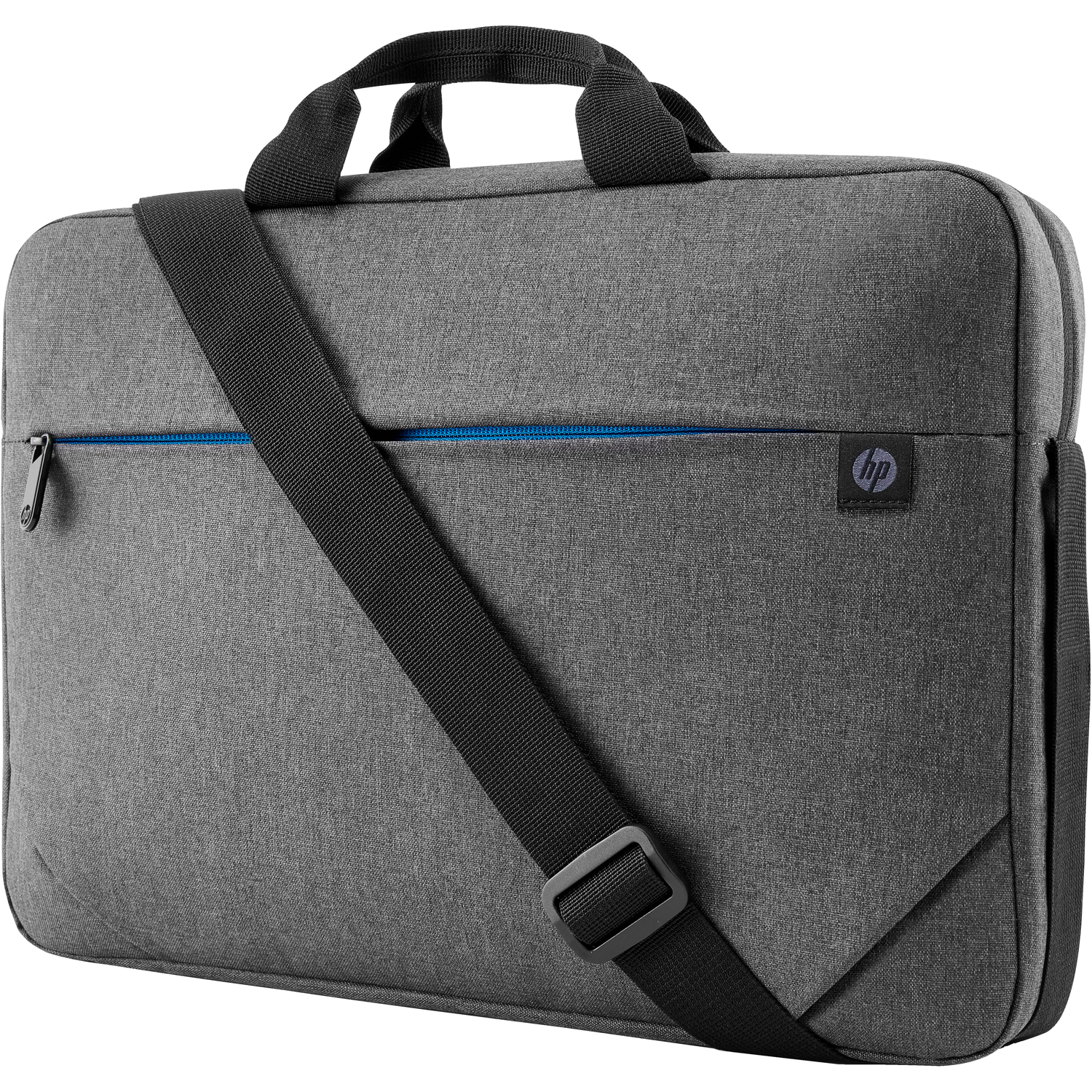 Gray laptop bag with a black strap. It has a blue zipper and a logo on the front.