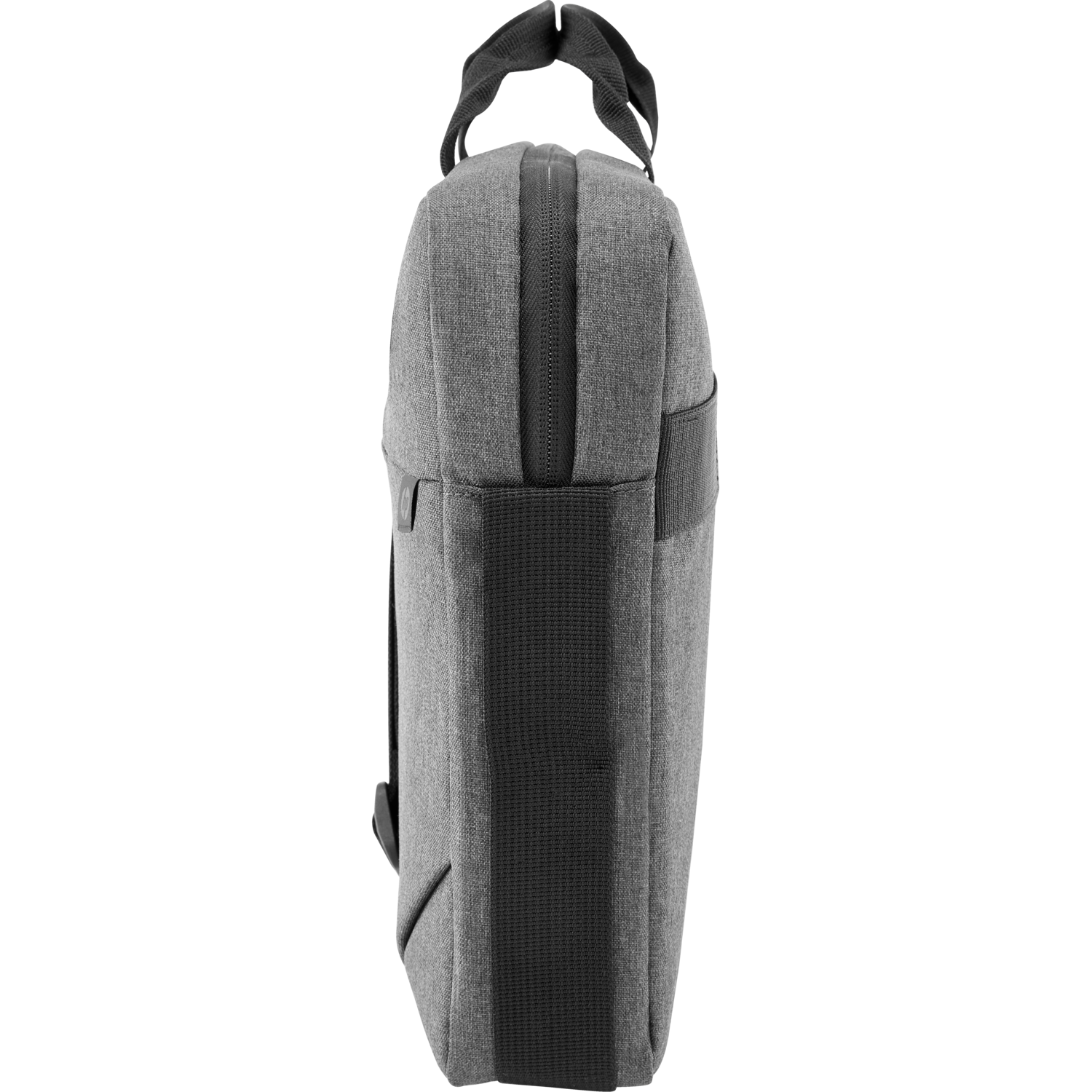 Side view of a gray laptop bag with a black zipper and a strap.