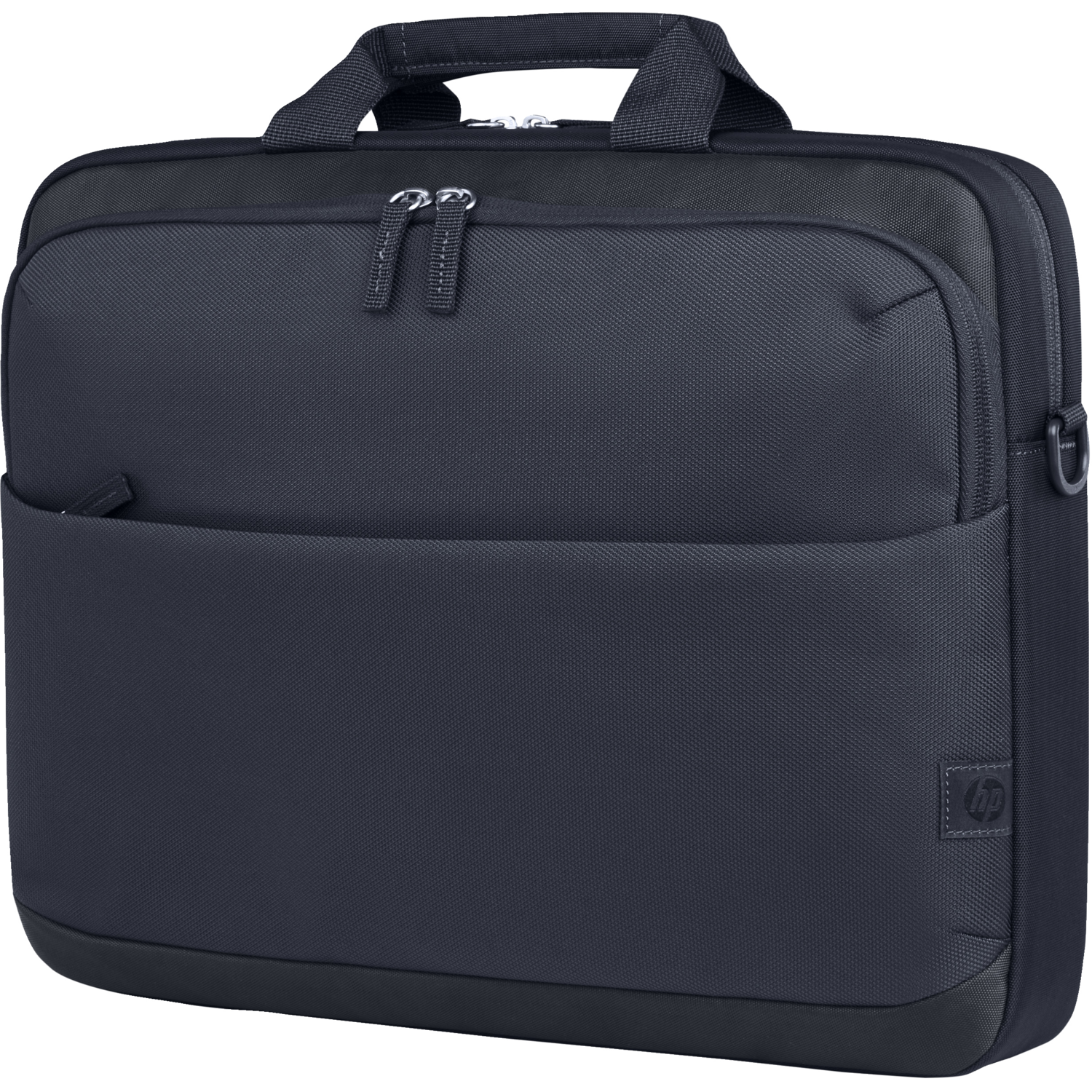 A black laptop bag with a front pocket and a handle.