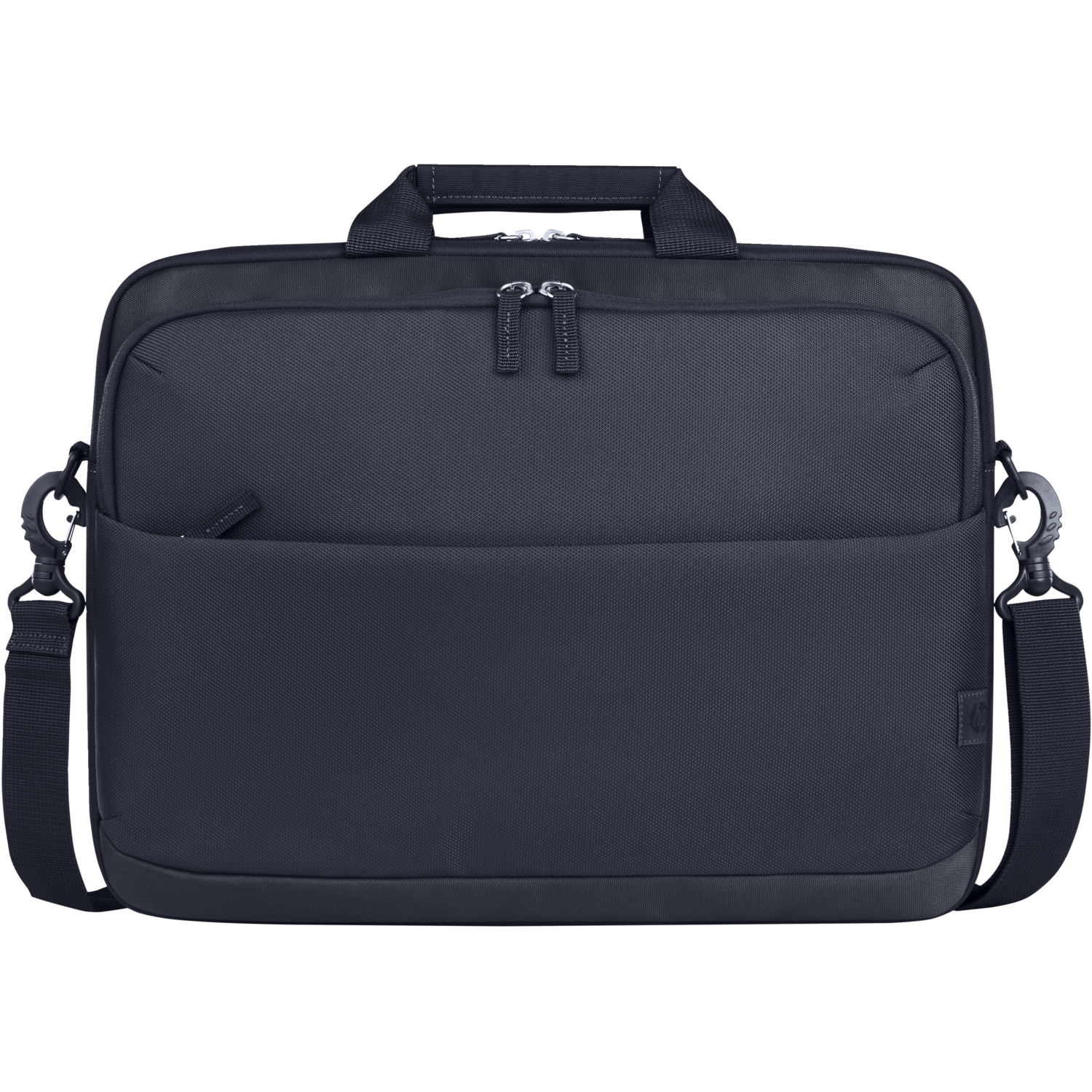 Black briefcase with a shoulder strap, handle, and two zippers.