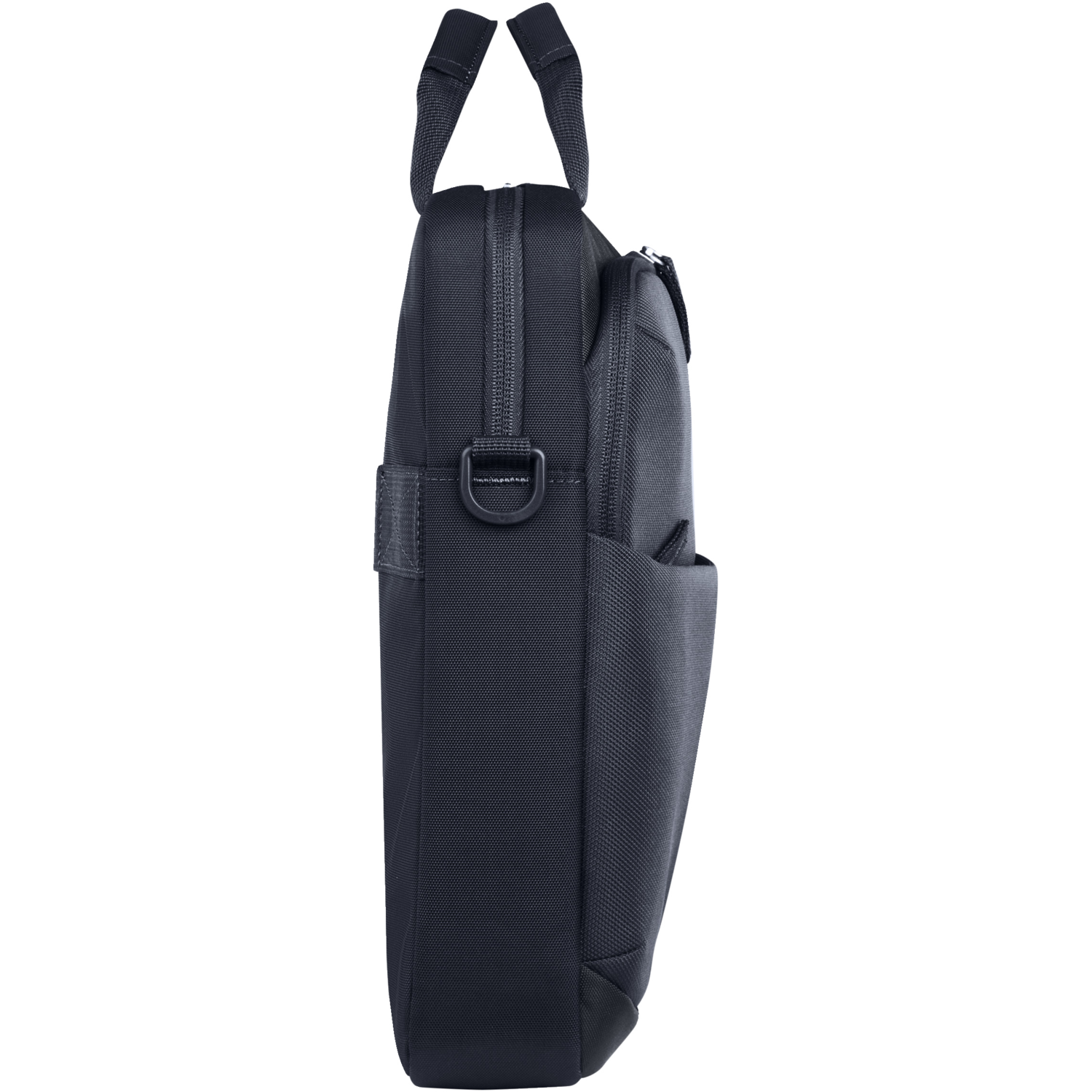 A black briefcase, side view. It has a handle, a zipper, and a side pocket. Black background.