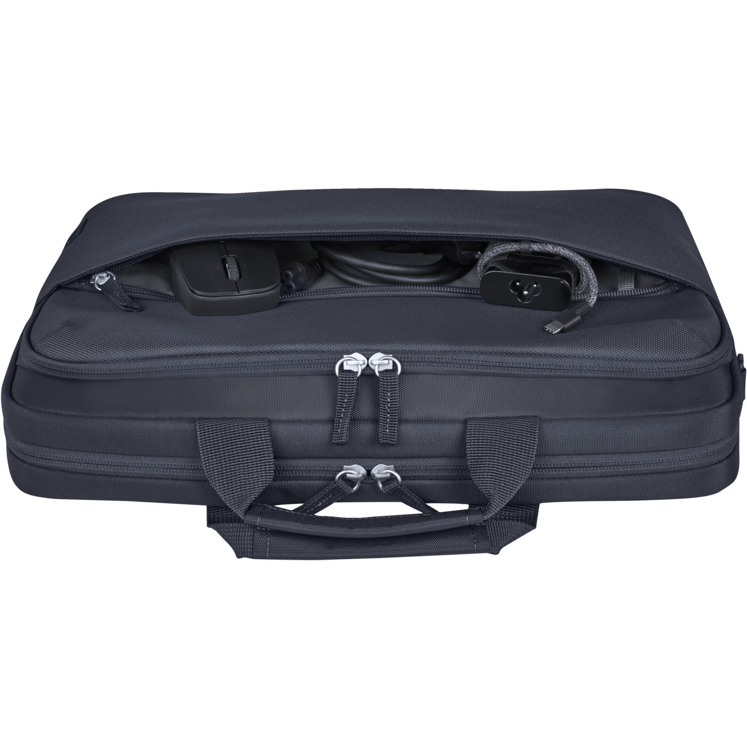 A black laptop bag with a zipper open, revealing a mouse, charger, and cables.
