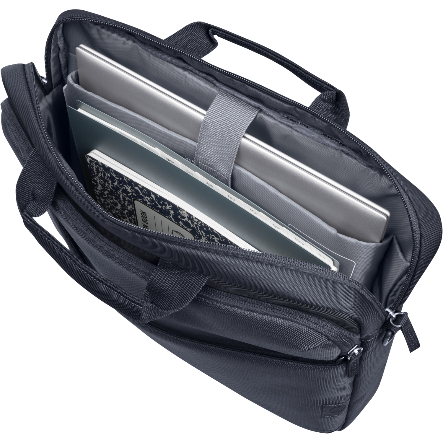 Dark grey laptop bag with laptops and notebooks inside.
