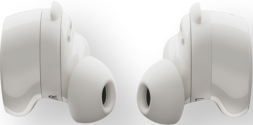 Due auricolari bianchi. Sono visibili gli auricolari sinistro e destro.