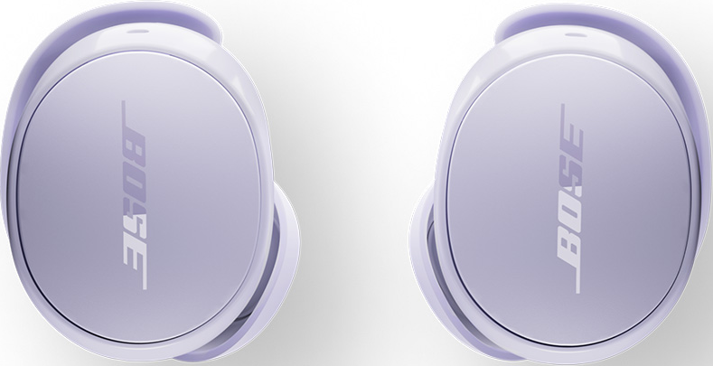 Due auricolari wireless viola chiaro con scritta 'BOSE'.