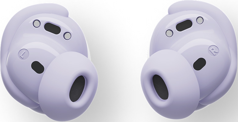 Due auricolari viola su sfondo bianco. Le lettere L e R sono visibili.