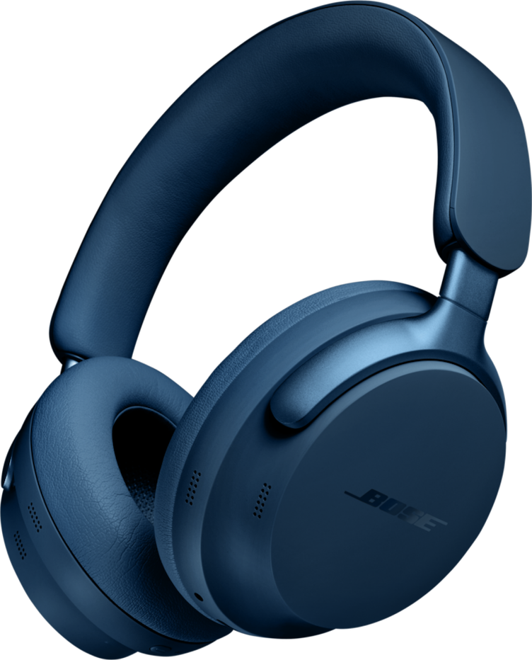 Blaue Bose-Kopfhörer. Over-Ear-Design mit Polsterung an Bügel und Ohrmuscheln. Bose-Logo ist auf der Ohrmuschel sichtbar.