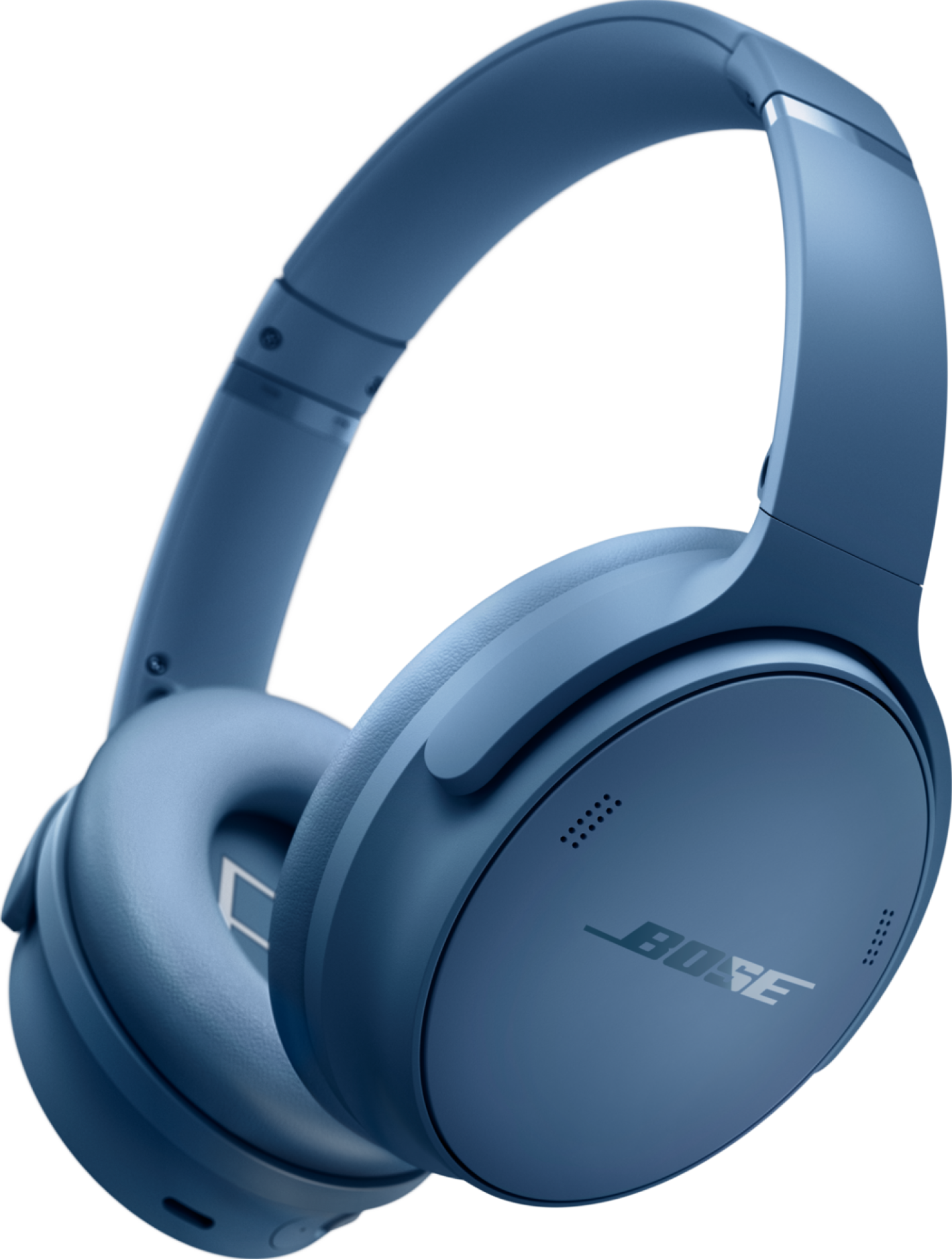 Ein blauer Bose-Kopfhörer wird auf schwarzem Hintergrund gezeigt. Die Kopfhörer sind Over-Ear mit gepolstertem Kopfband und Ohrmuscheln. Das Bose-Logo ist sichtbar.
