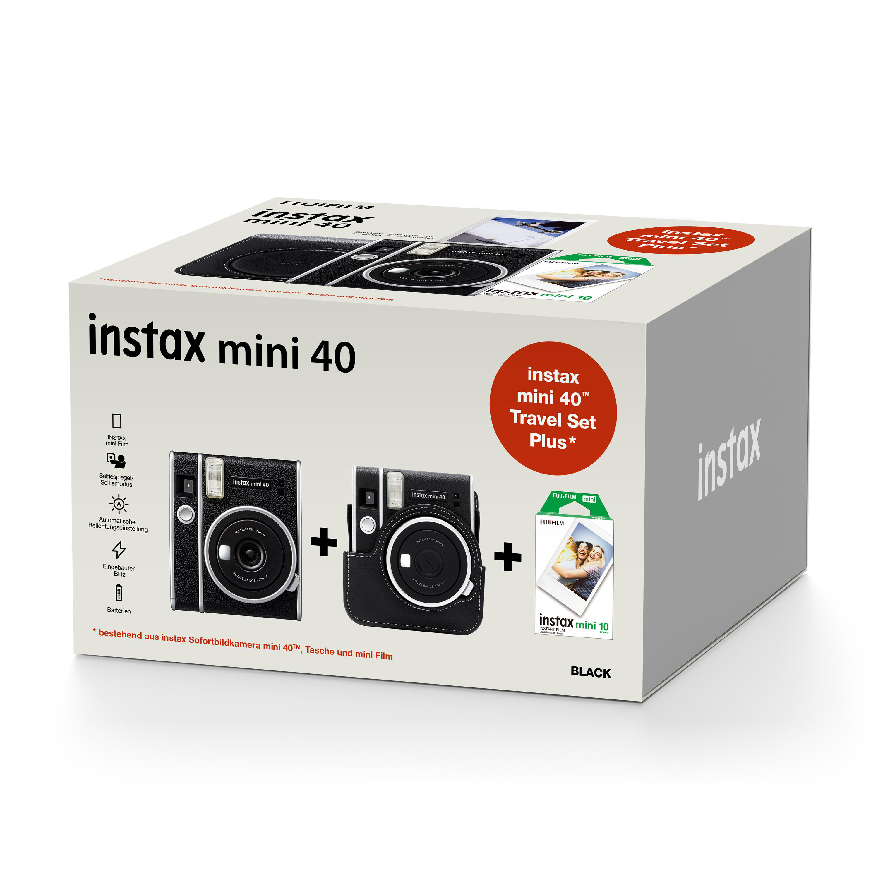 Instax mini 40 Kamera-Set in einer weißen Box. Enthält Kamera, Film und eine schwarze Hülle.