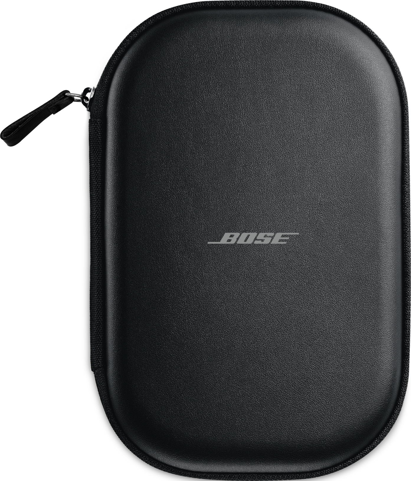 Schwarze, ovale Bose-Tragetasche, mit Reißverschluss geschlossen. Das Bose-Logo ist zentriert. Schwarzer Hintergrund.