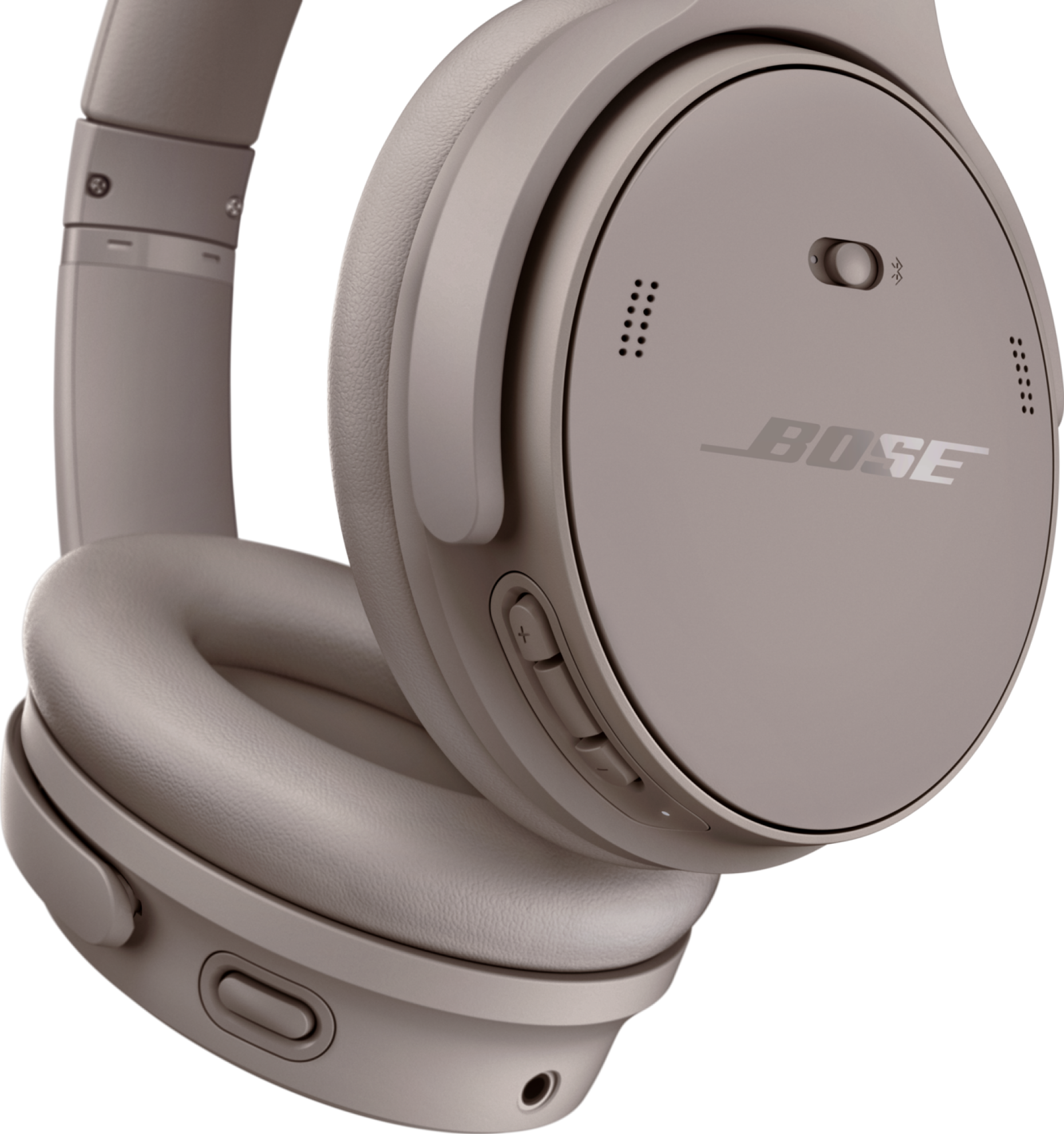Nahaufnahme von Bose-Kopfhörern in einer neutralen Farbe.