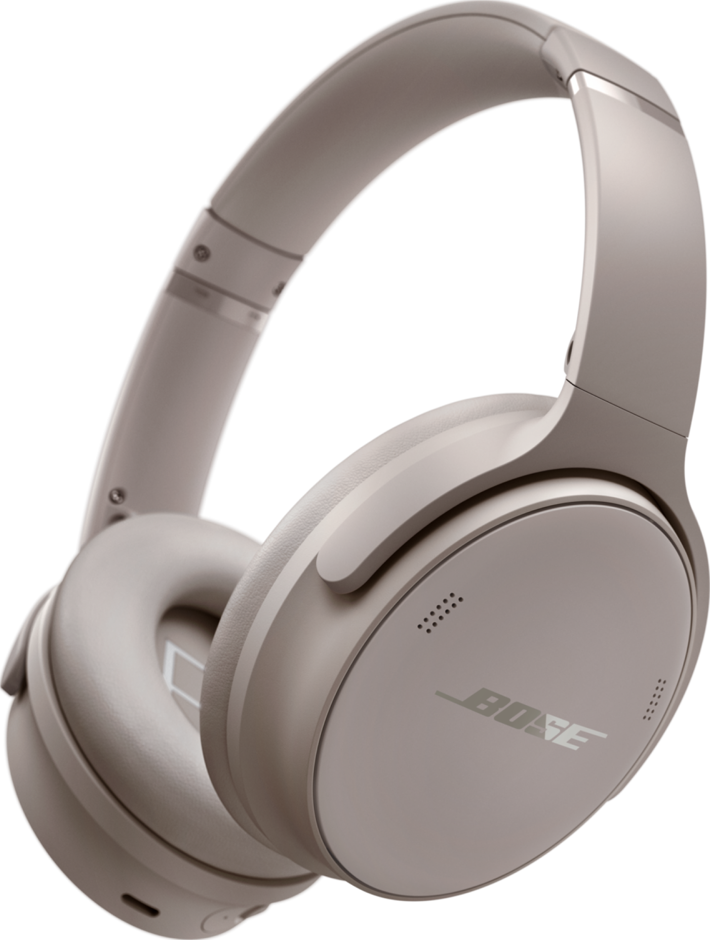 Ein Paar beige Bose-Kopfhörer. Sie haben ein rundes Ohrmuschel-Design mit dem Bose-Logo auf jeder Seite.