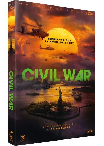 Jaquette DVD du film Civil War, avec des hélicoptères, un coucher de soleil et la Statue de la Liberté.