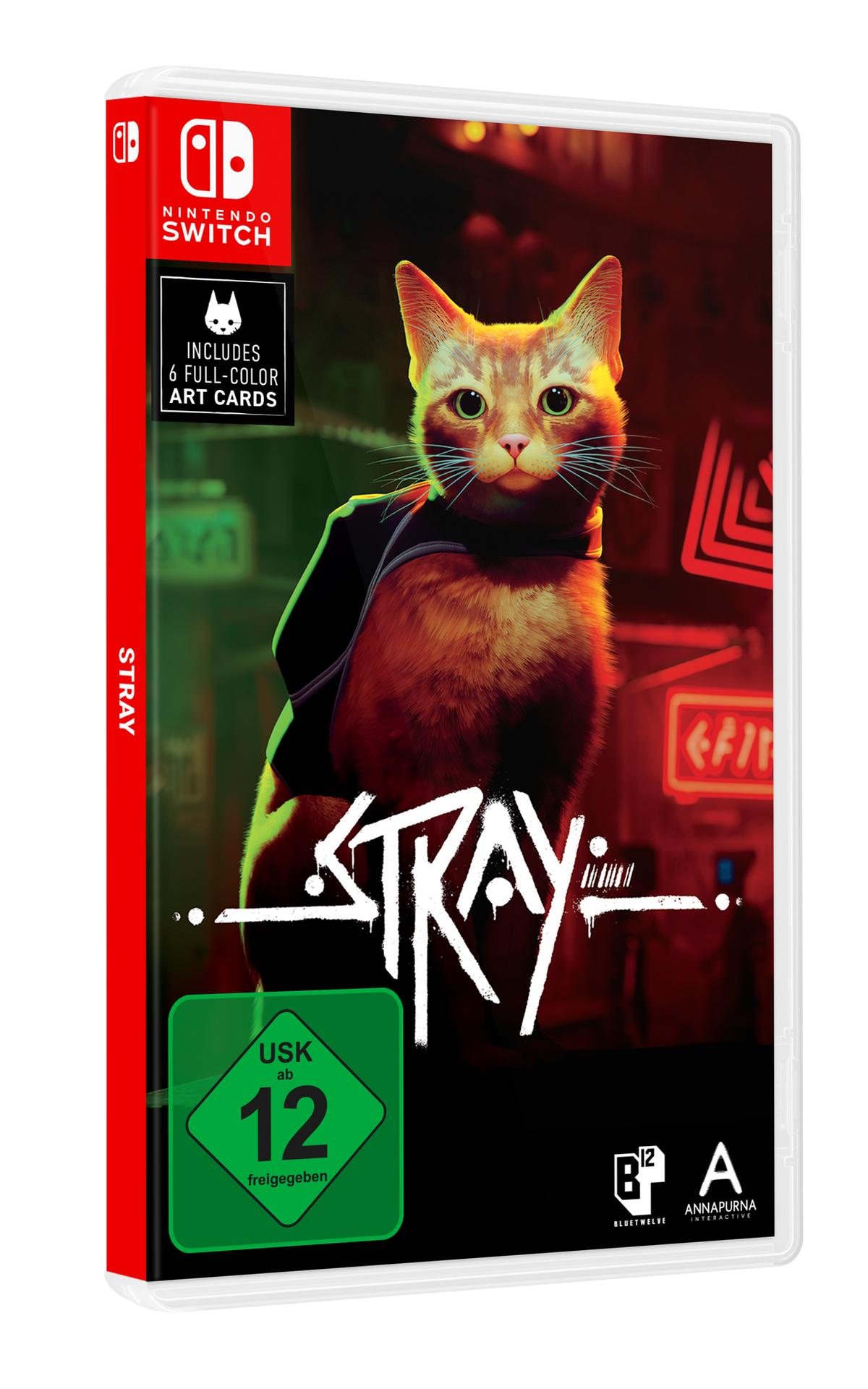 Stray-Spielbox. Katzenillustration auf dem Cover. Rote und schwarze Farben.