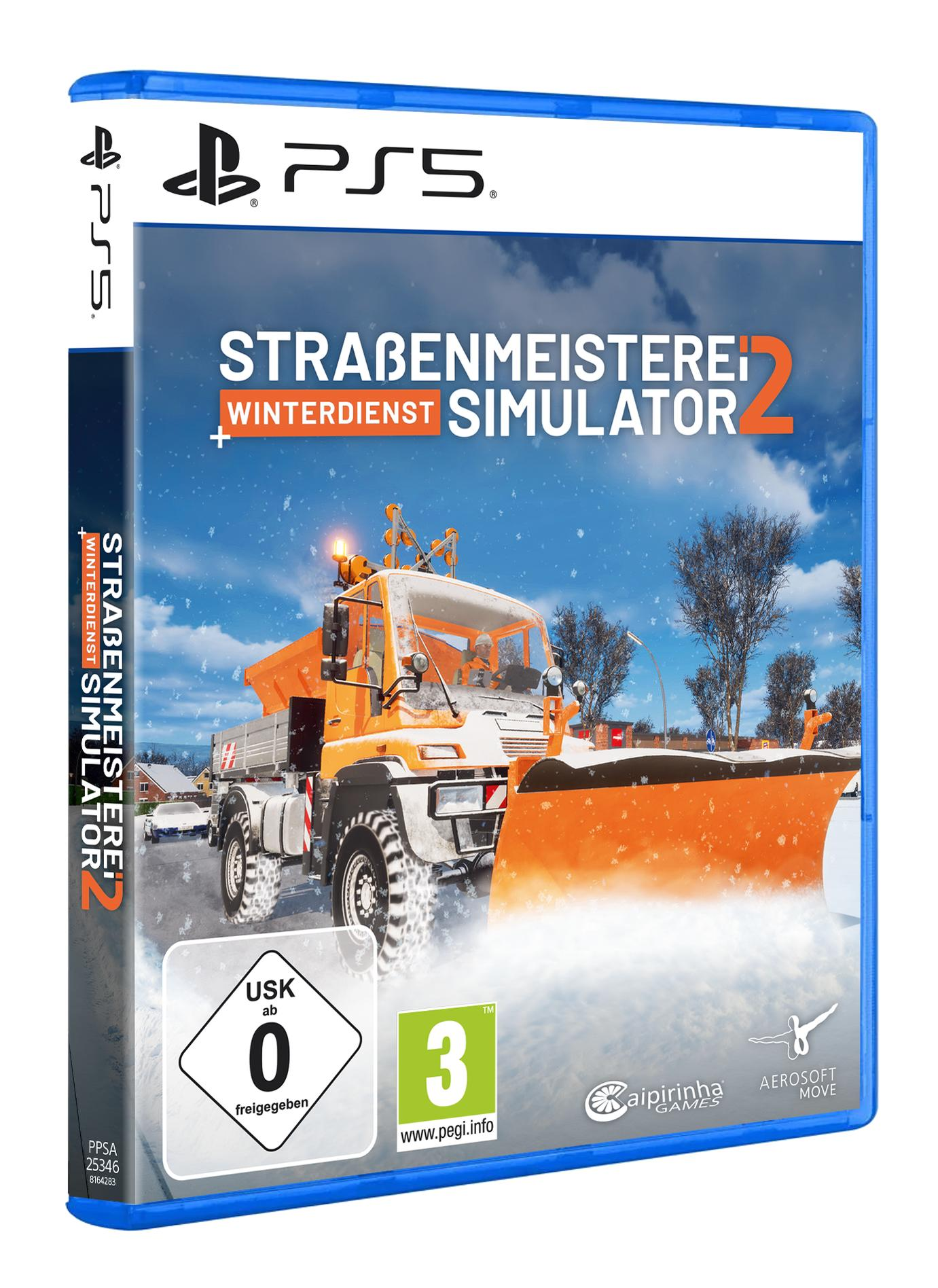 PS5-Spielbox: Strassenmeisterei Winterdienst Simulator 2. Schneepflug auf verschneiter Straße, Schnee in der Luft.