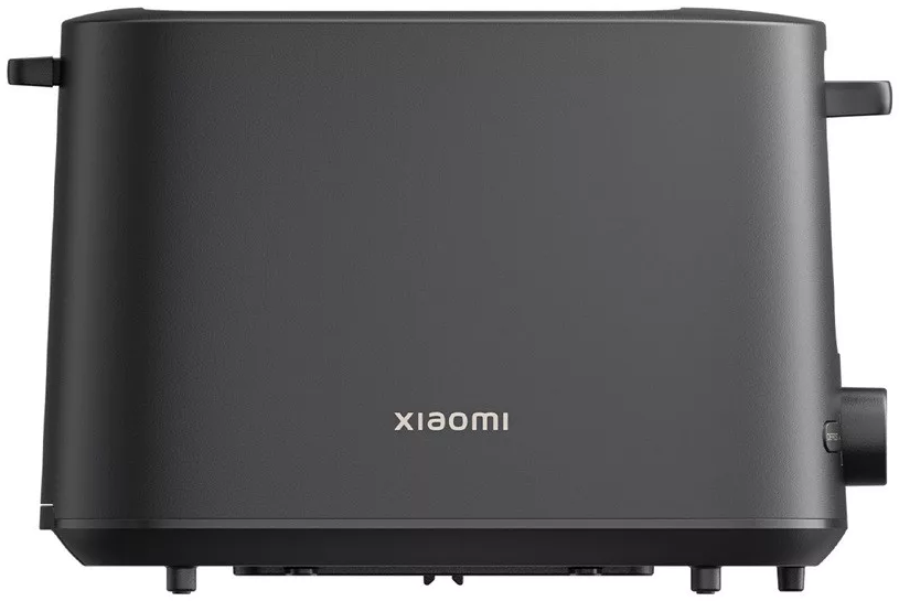 Fekete kenyérpirító, elöl 'Xiaomi' felirattal. Oldalán fogantyúk és tárcsa található.