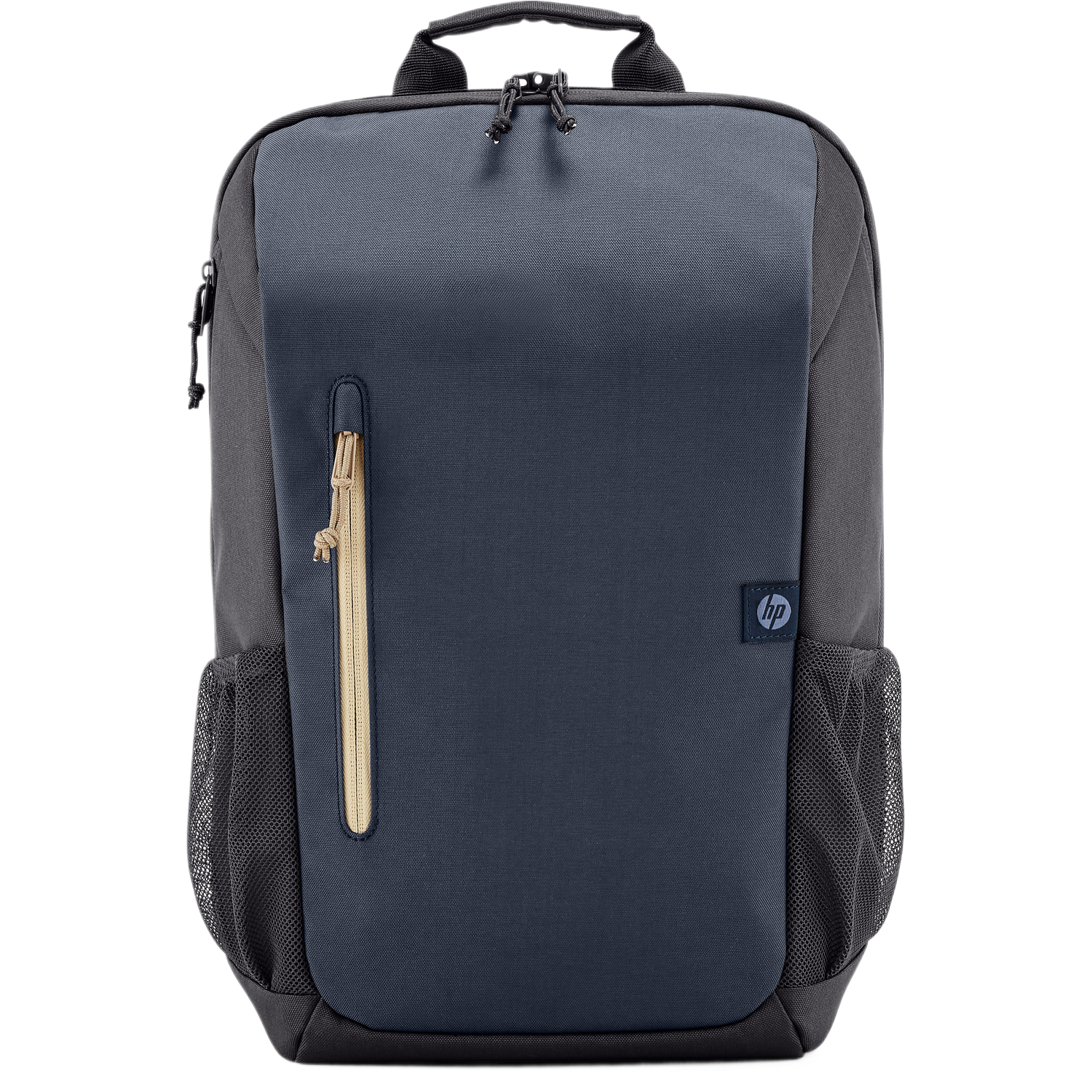 Een marineblauwe en grijze rugzak met een beige rits en het HP-logo.