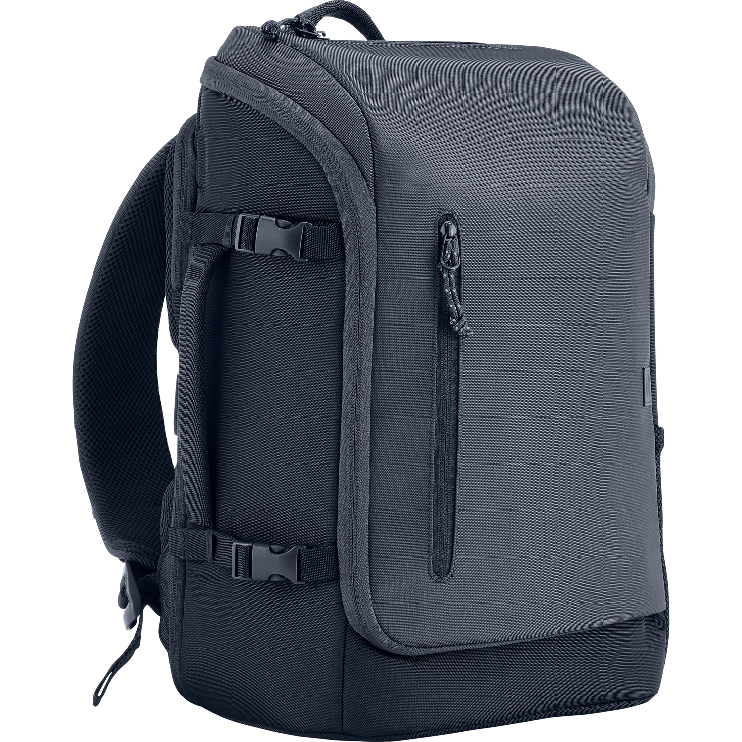A black and gray backpack with multiple compartments, straps, and buckles. It has a sleek, modern design.