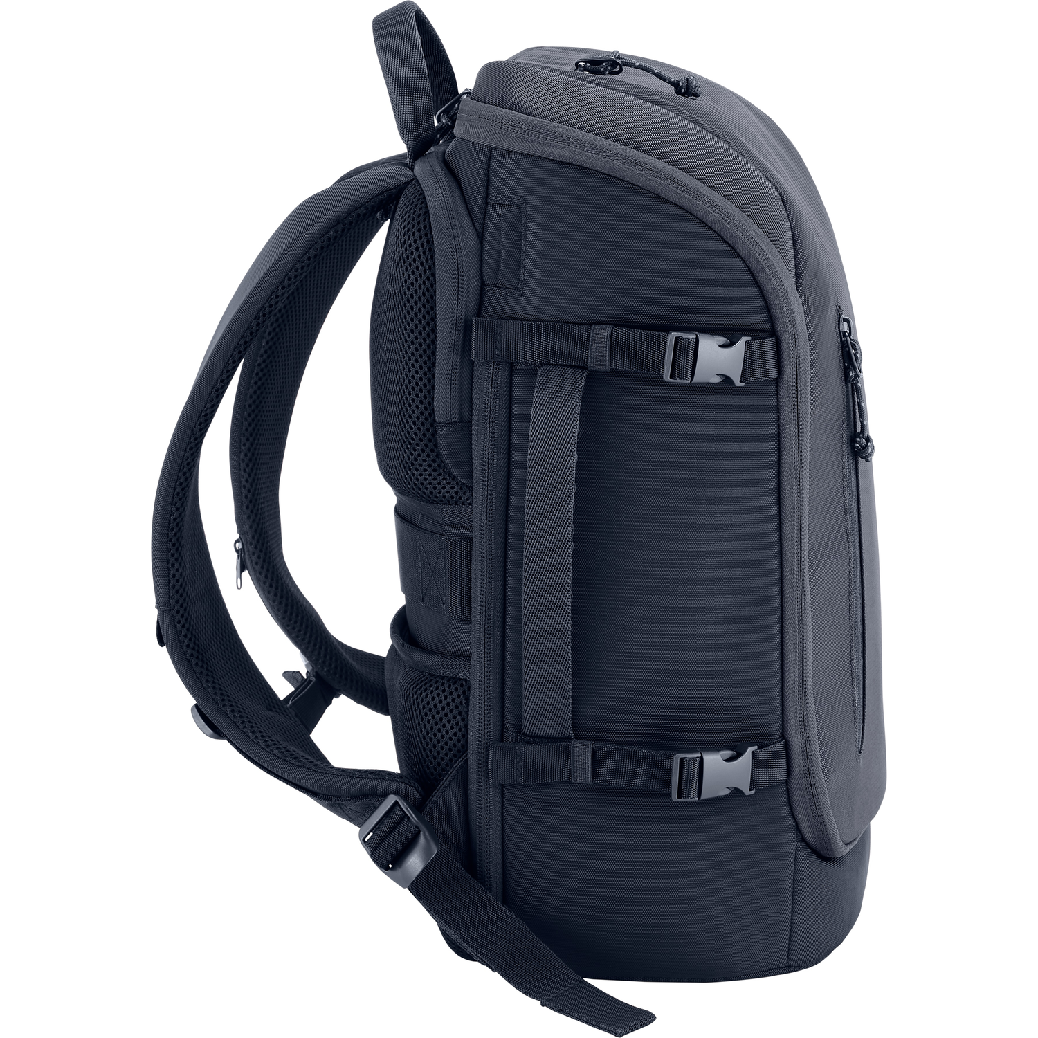A dark blue backpack with straps. It has two buckles on the side and a handle on top.