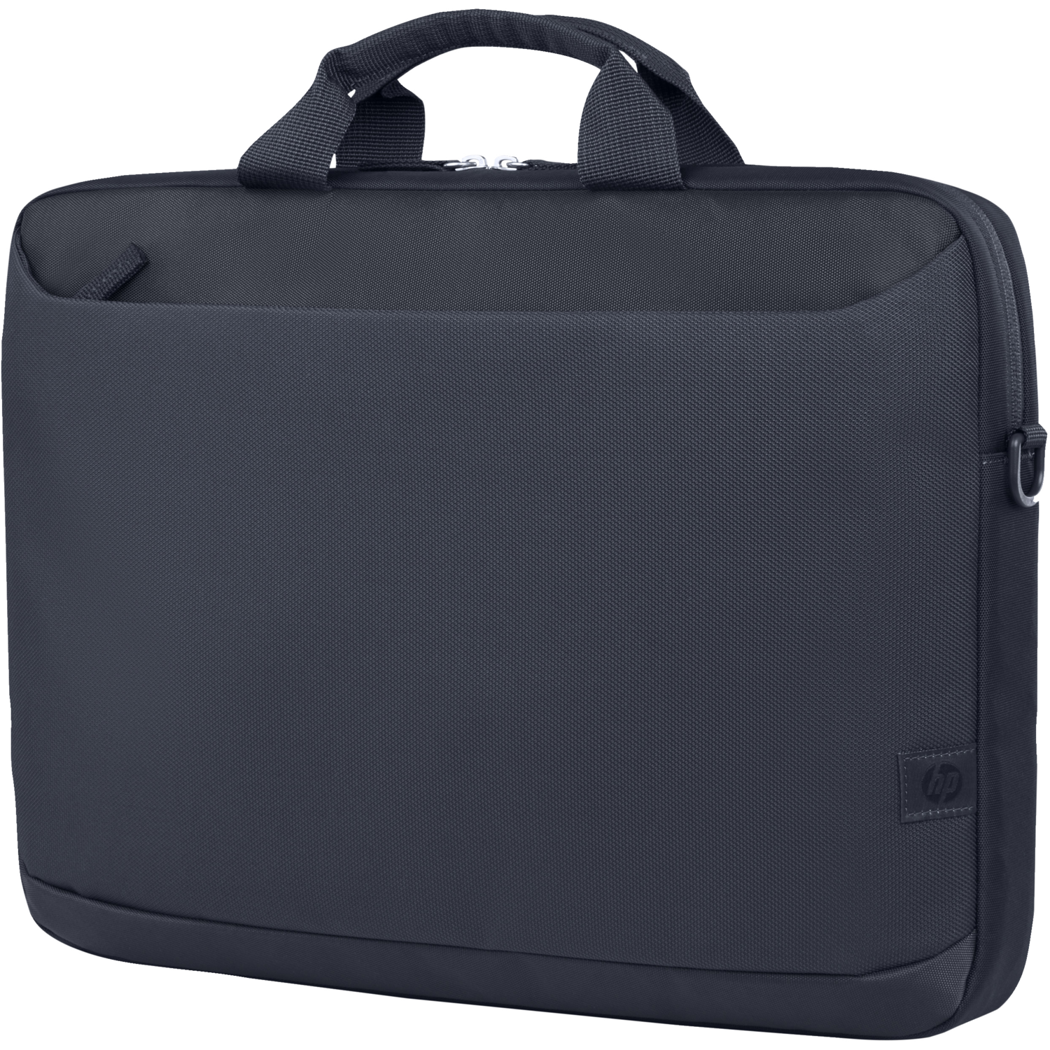 Een marineblauwe HP laptoptas met een voorvak, handvat en HP-logo.