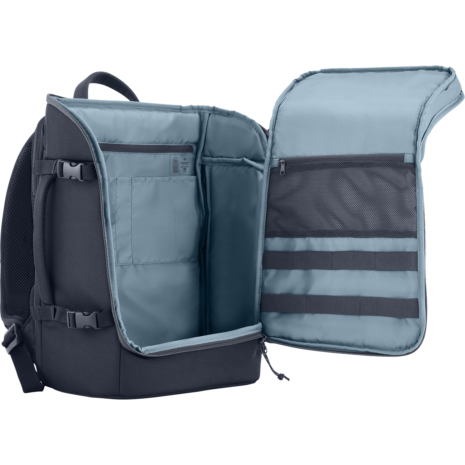 Black backpack with open compartments showing blue and gray interior and zippers.