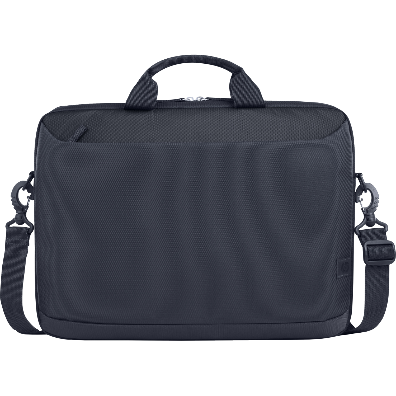 Donkerblauwe laptoptas. Het heeft een schouderriem en een handvat. De tas is rechthoekig.