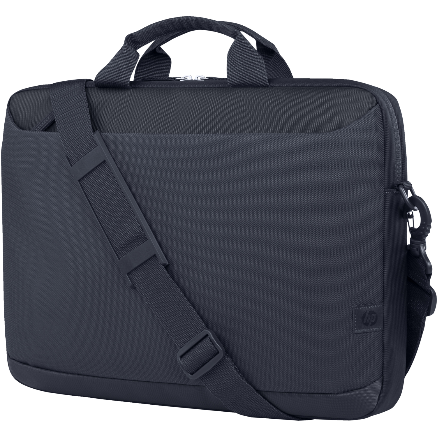 Een donkerblauwe laptoptas met een schouderriem en een handvat. Het HP-logo is zichtbaar.
