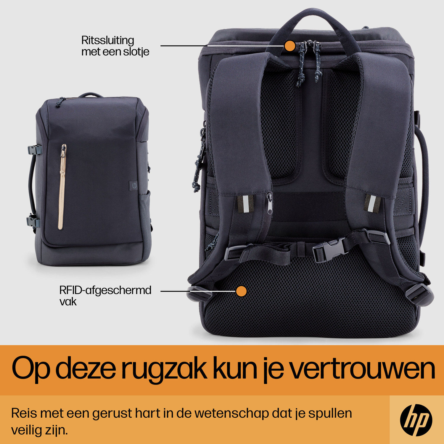 Black backpack with text and arrows pointing to features. Text says 'RFID-shielded pocket'. Background is orange.