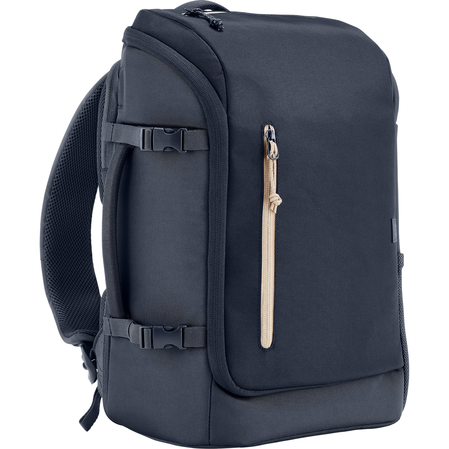 A dark blue backpack with multiple compartments, straps, and a side zipper.