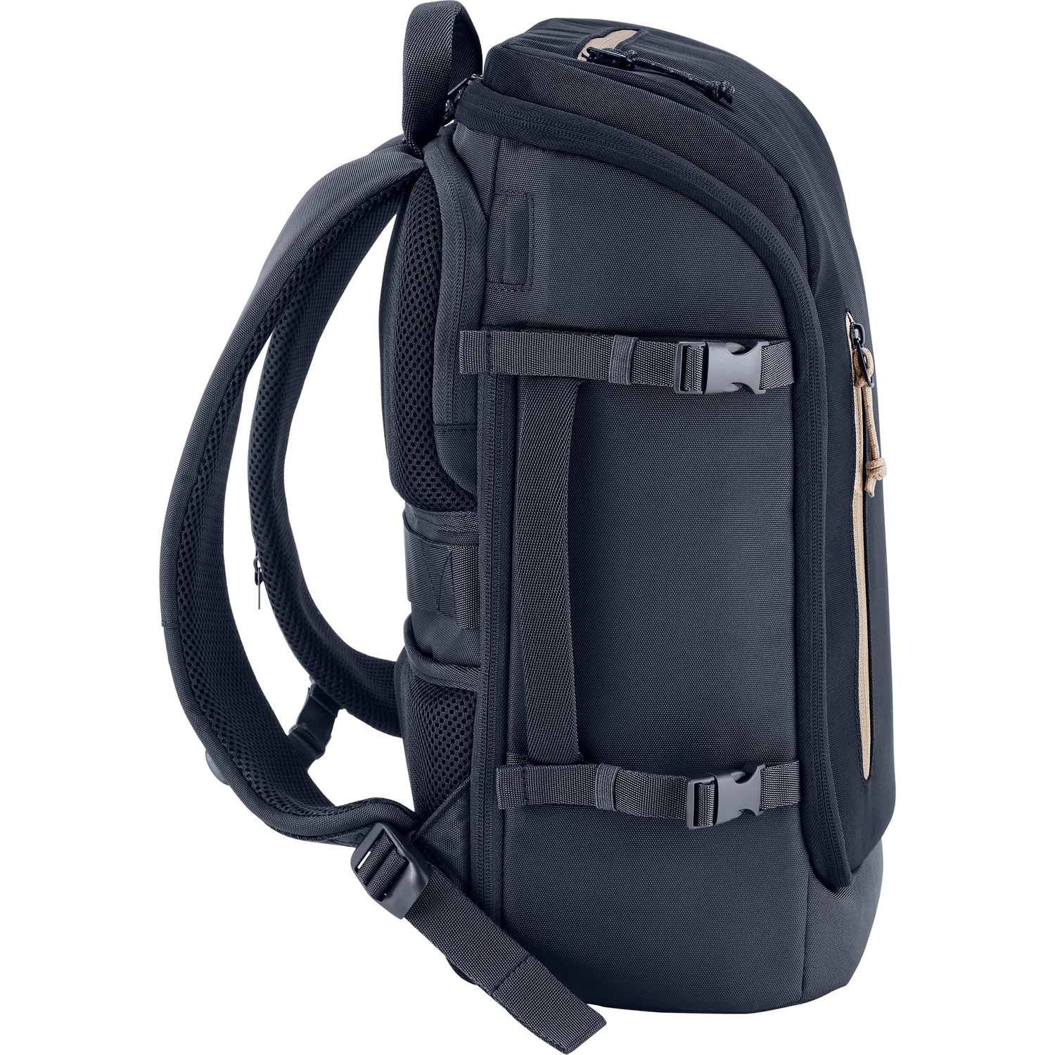 Black backpack in profile. Shows straps, buckles, and padding on the back. The background is plain white.