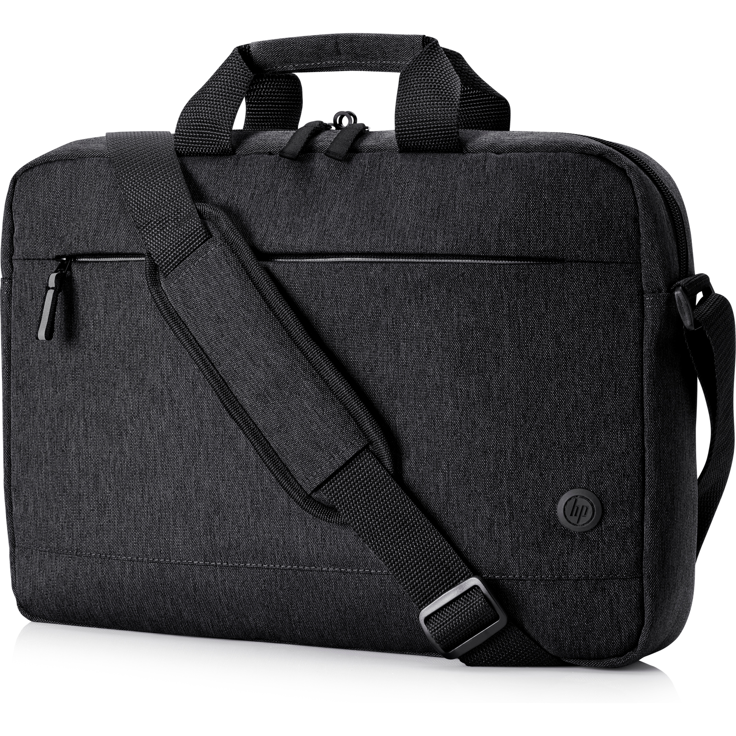 Black laptop bag with handle, shoulder strap, and zipper pockets.