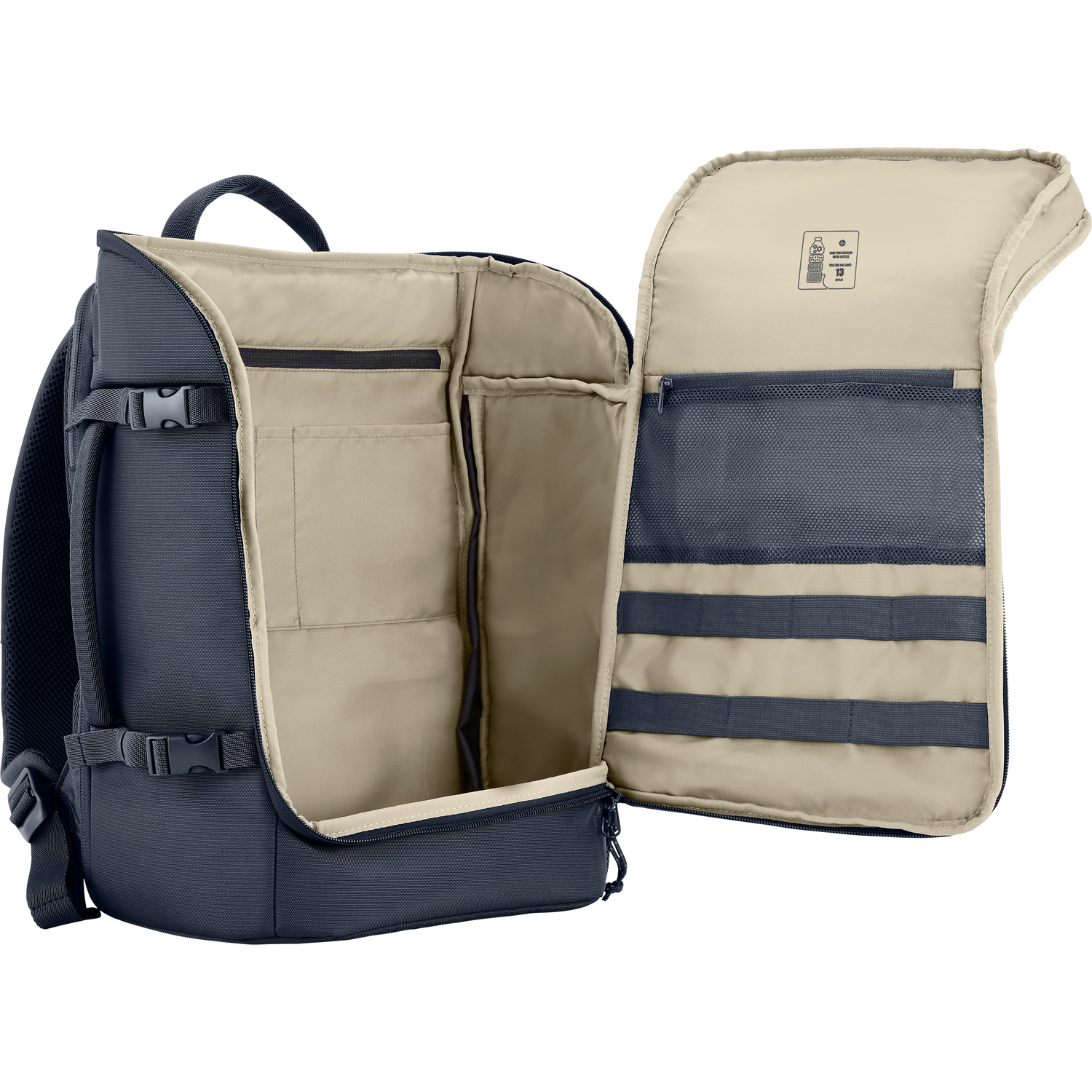 Blue and gray backpack. Interior pockets are visible.