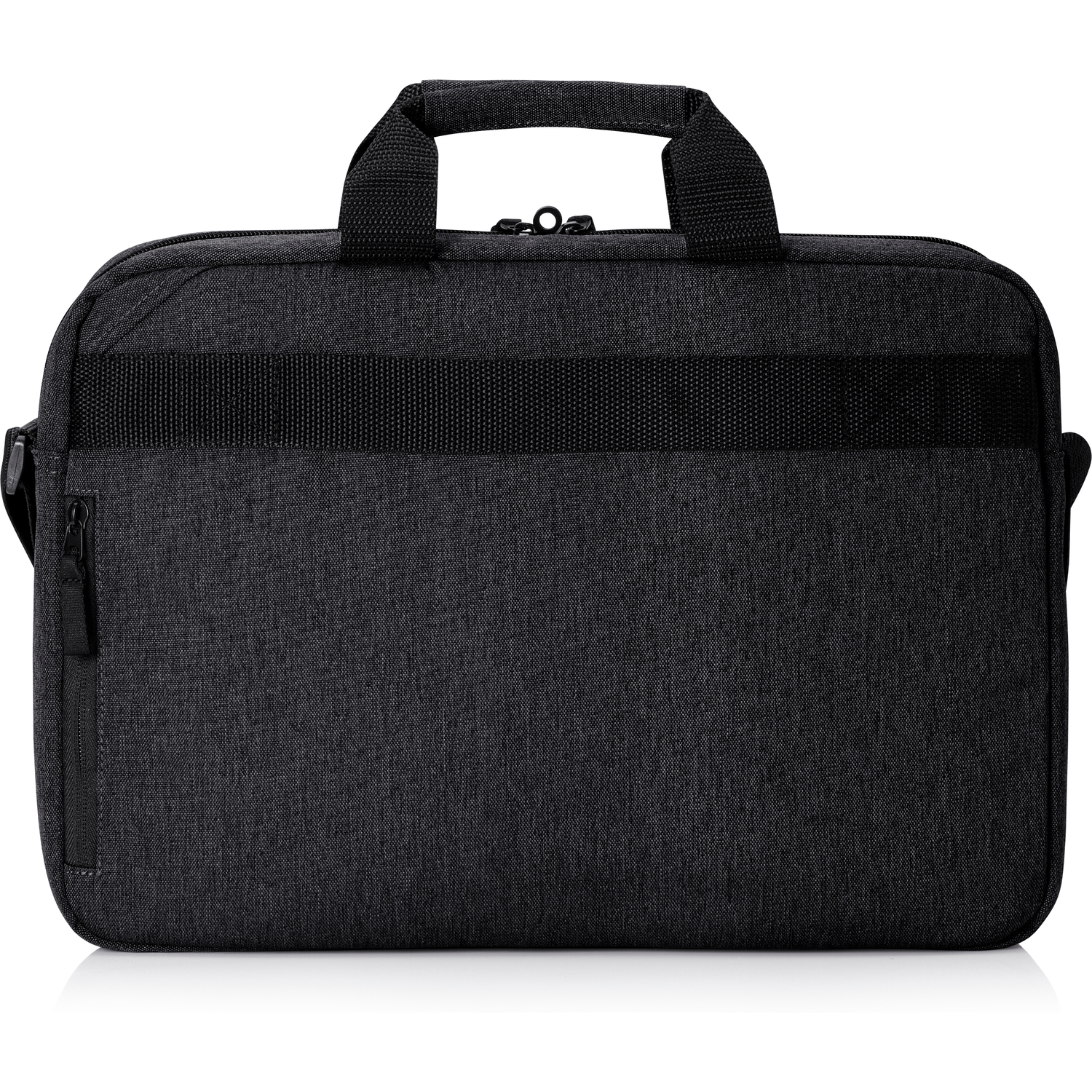 A black laptop bag with a handle and a black strap across the front.