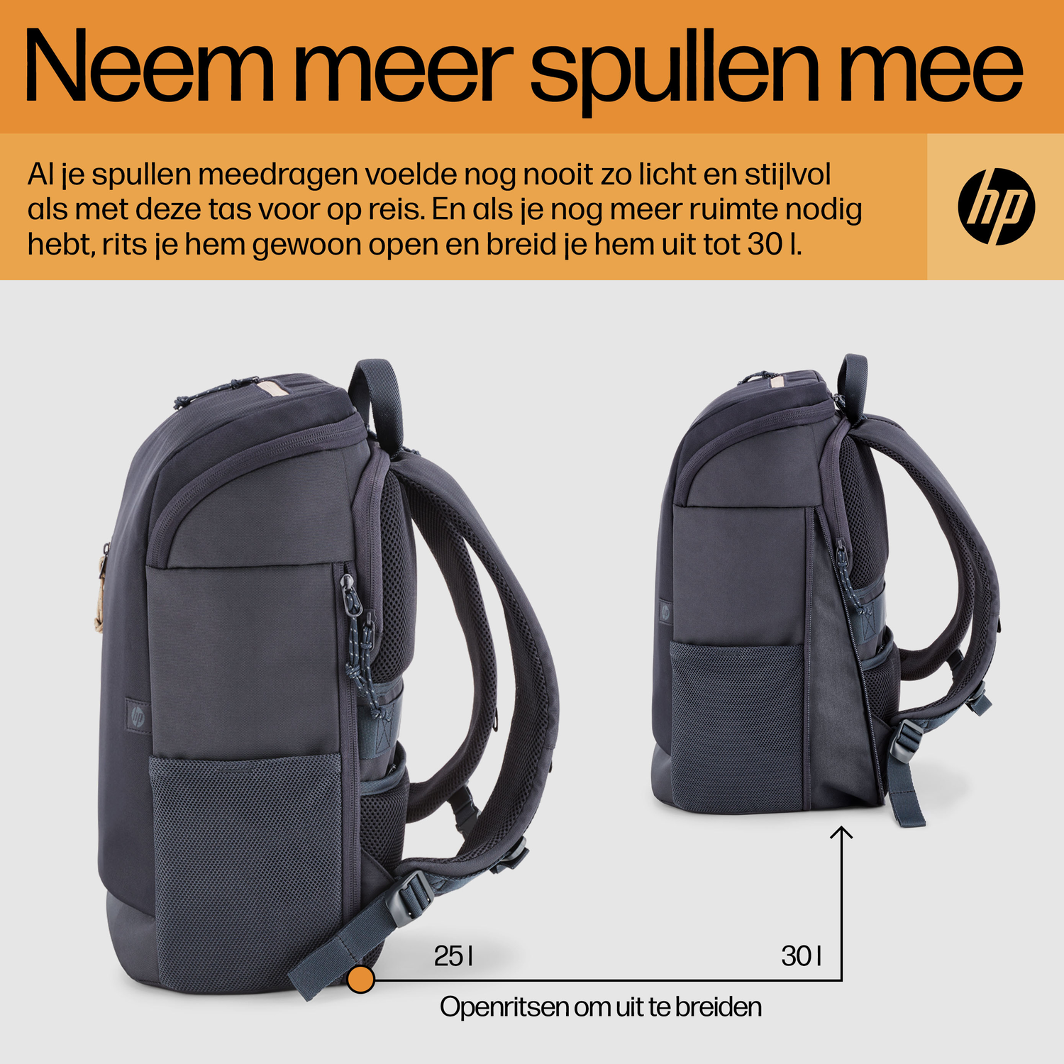 Two backpacks, one open to show interior. Navy blue, with text and a HP logo at the top.