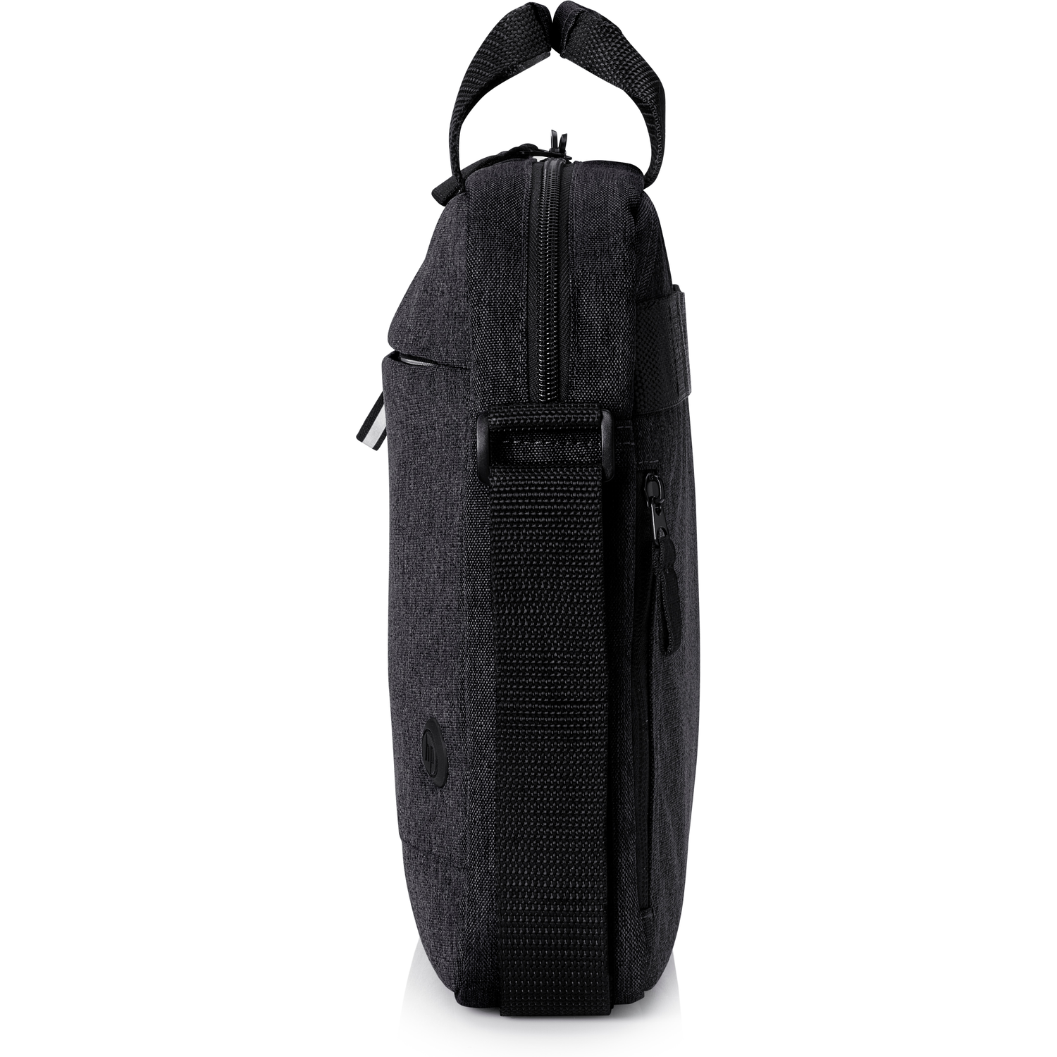 A black HP laptop bag, seen from the side. Zipper, handle and shoulder strap.