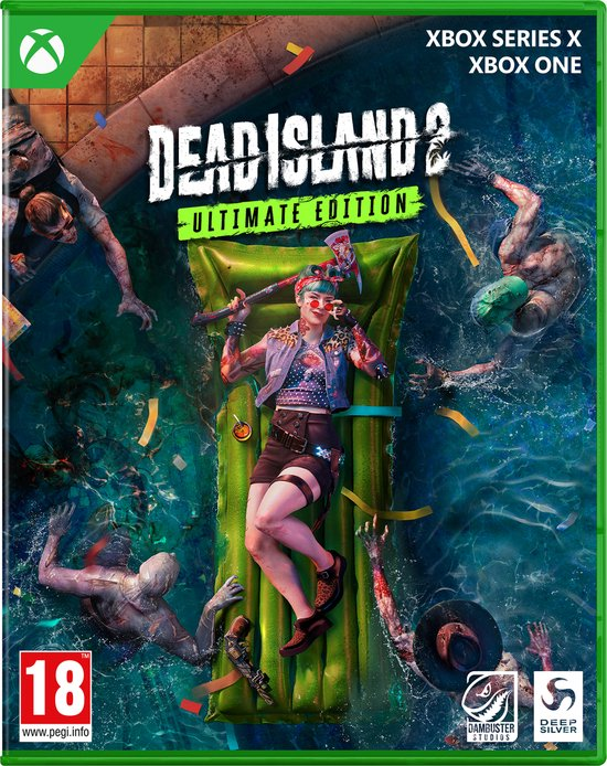 Gamecover: Een vrouw op een vlot in een zwembad omringd door zombies, titel is Dead Island 2.