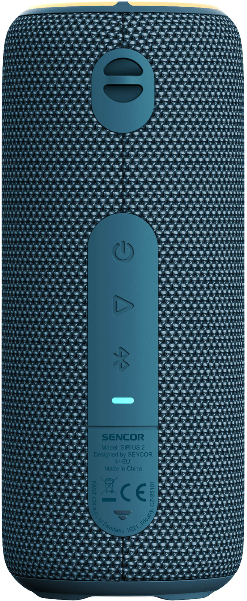 Türkiz hengeres hangszóró. Gombok: be/ki, lejátszás/szünet, Bluetooth. Alján logó és szöveg.