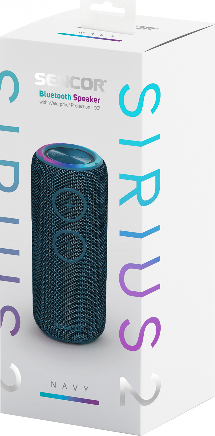 Kék-fekete Bluetooth hangszóró fehér dobozban, szöveggel.