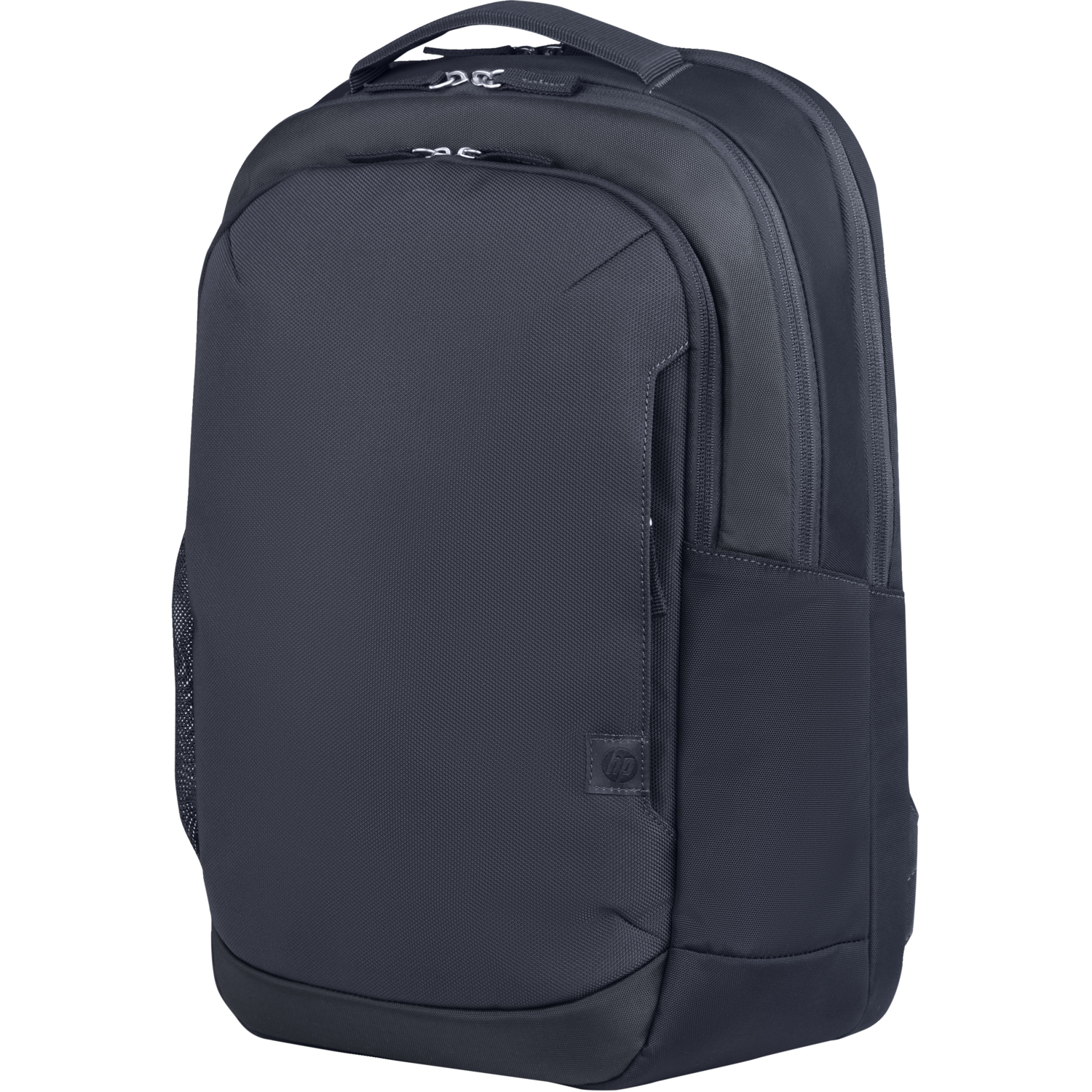A black backpack on a white background.