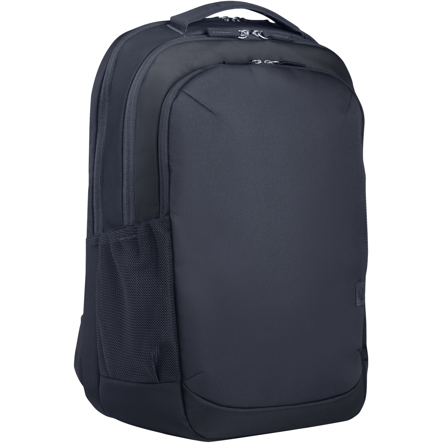 A black backpack with a mesh side pocket and a padded back.