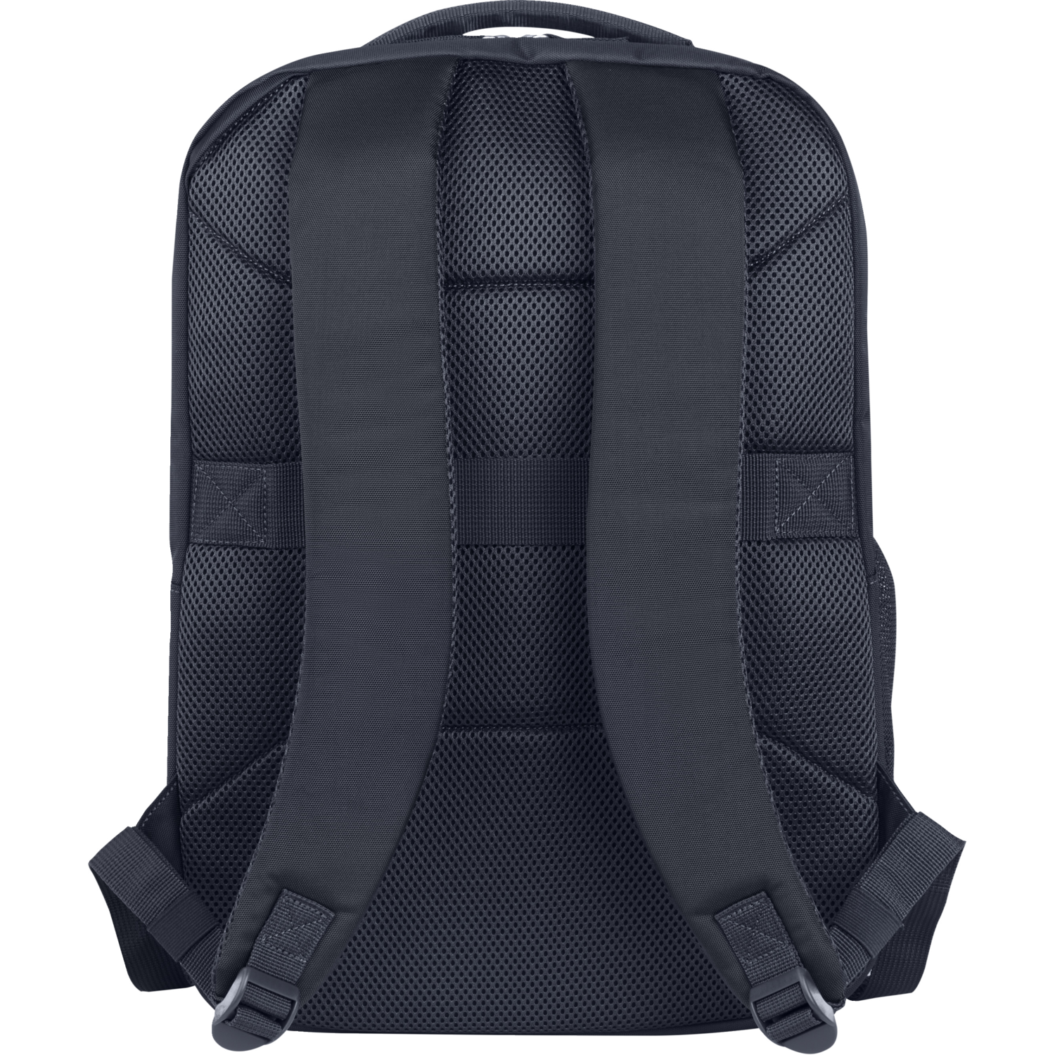 Black backpack with mesh padding on the back and straps.