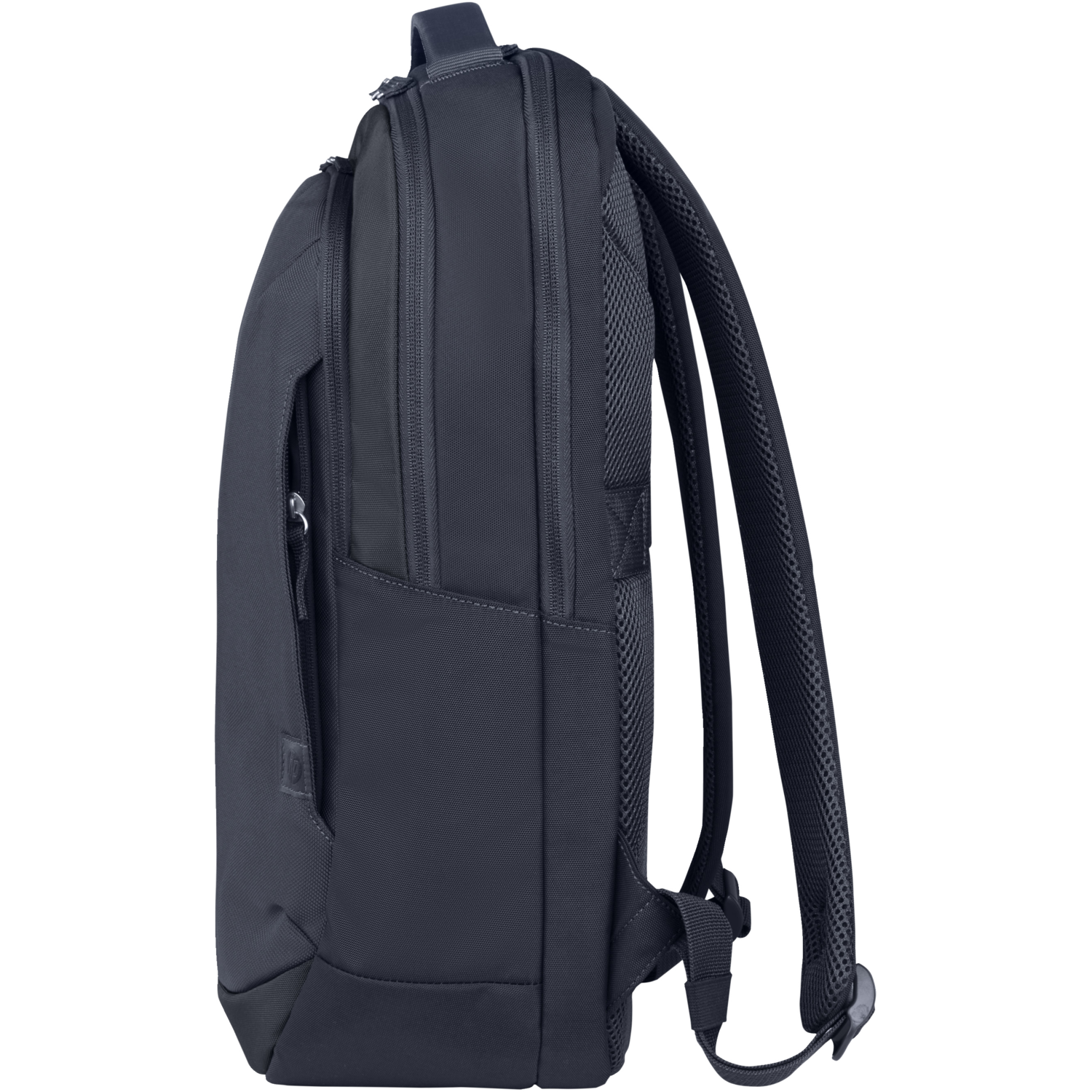 Black backpack with side pocket, and a mesh back panel, on a black background.