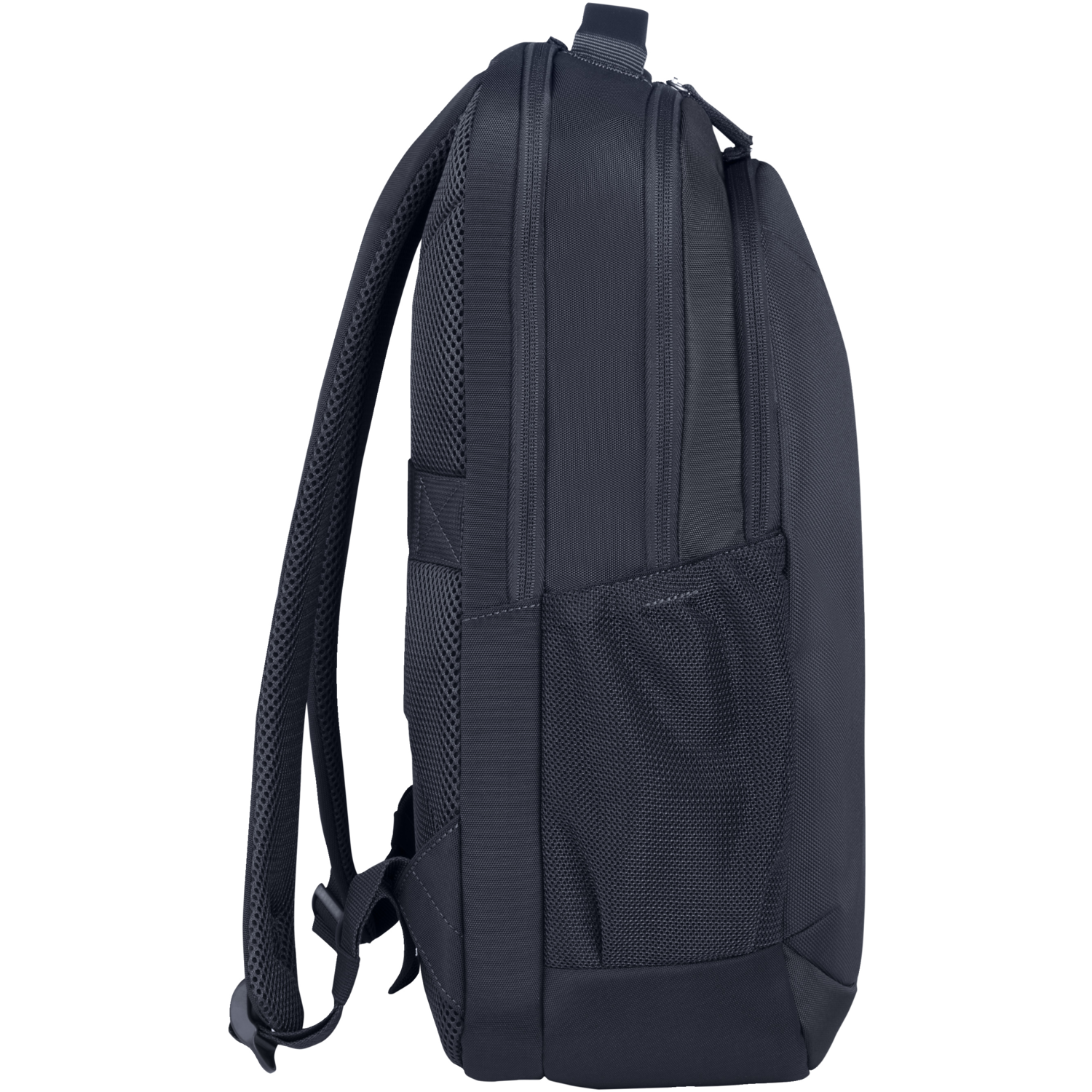 Side view of a dark blue backpack on a dark background.