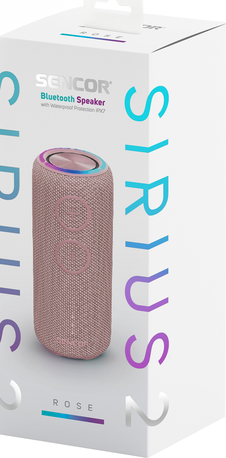 Rózsaszín SENCOR Bluetooth hangszóró dobozban, Sirius 2 felirattal.