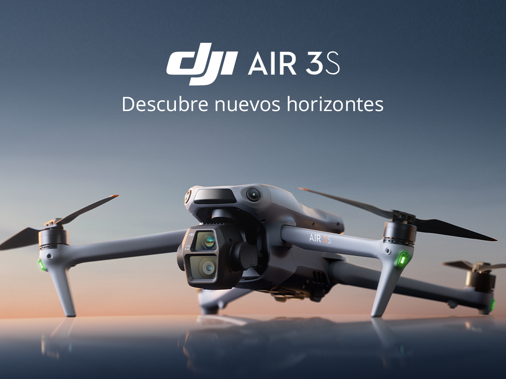 Un dron gris en el cielo con el texto "DJI AIR 3S" y "Descubre nuevos horizontes" en el cielo.