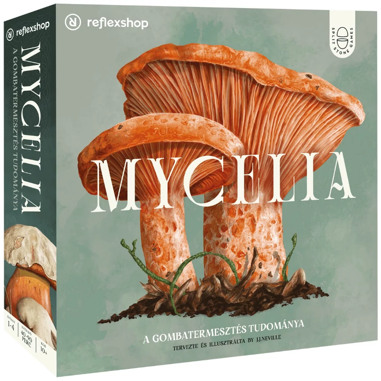 Doboz gombás illusztrációval. Elöl 'Mycelia' felirat olvasható.