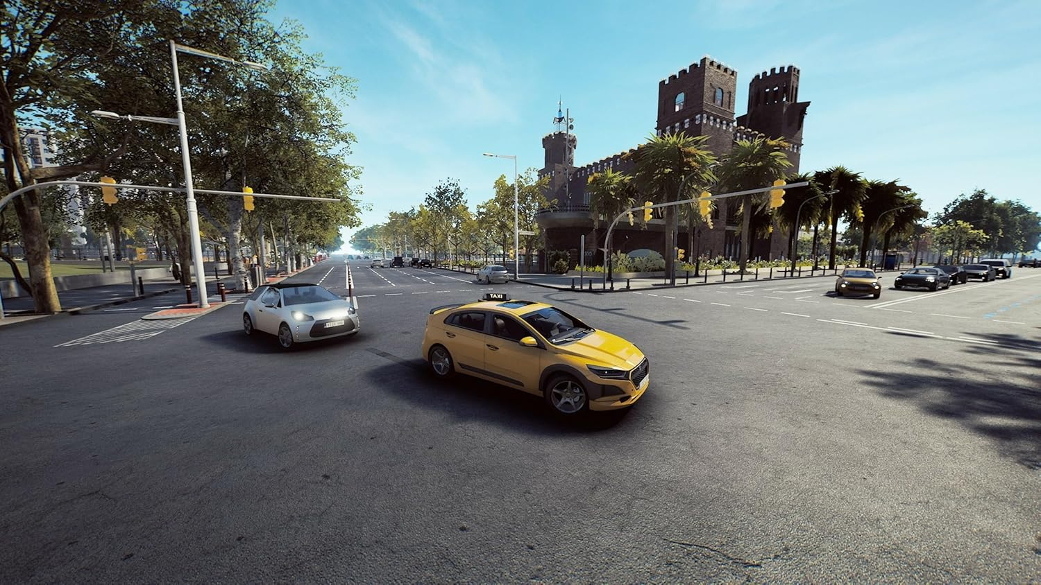 Escena de calle de la ciudad con coches, incluido un taxi amarillo, y un castillo al fondo.