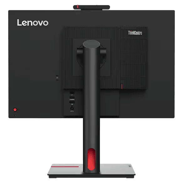 Vista trasera de un monitor Lenovo negro. Tiene un acento rojo y un soporte. El texto 'ThinkCentre' es visible.