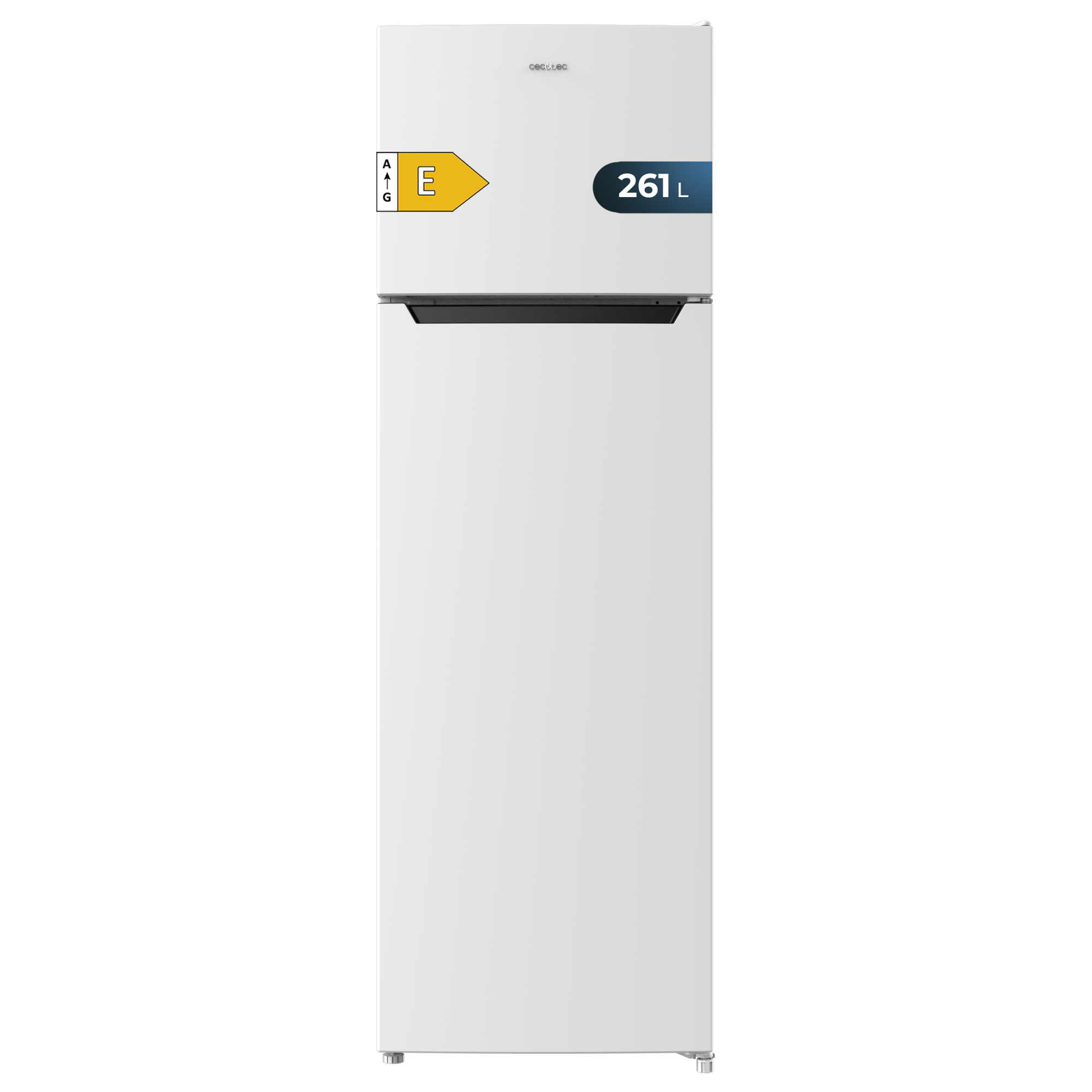 Refrigerador blanco con congelador en la parte superior, la etiqueta energética muestra una clasificación 'E'. Es un frigorífico blanco de dos puertas.